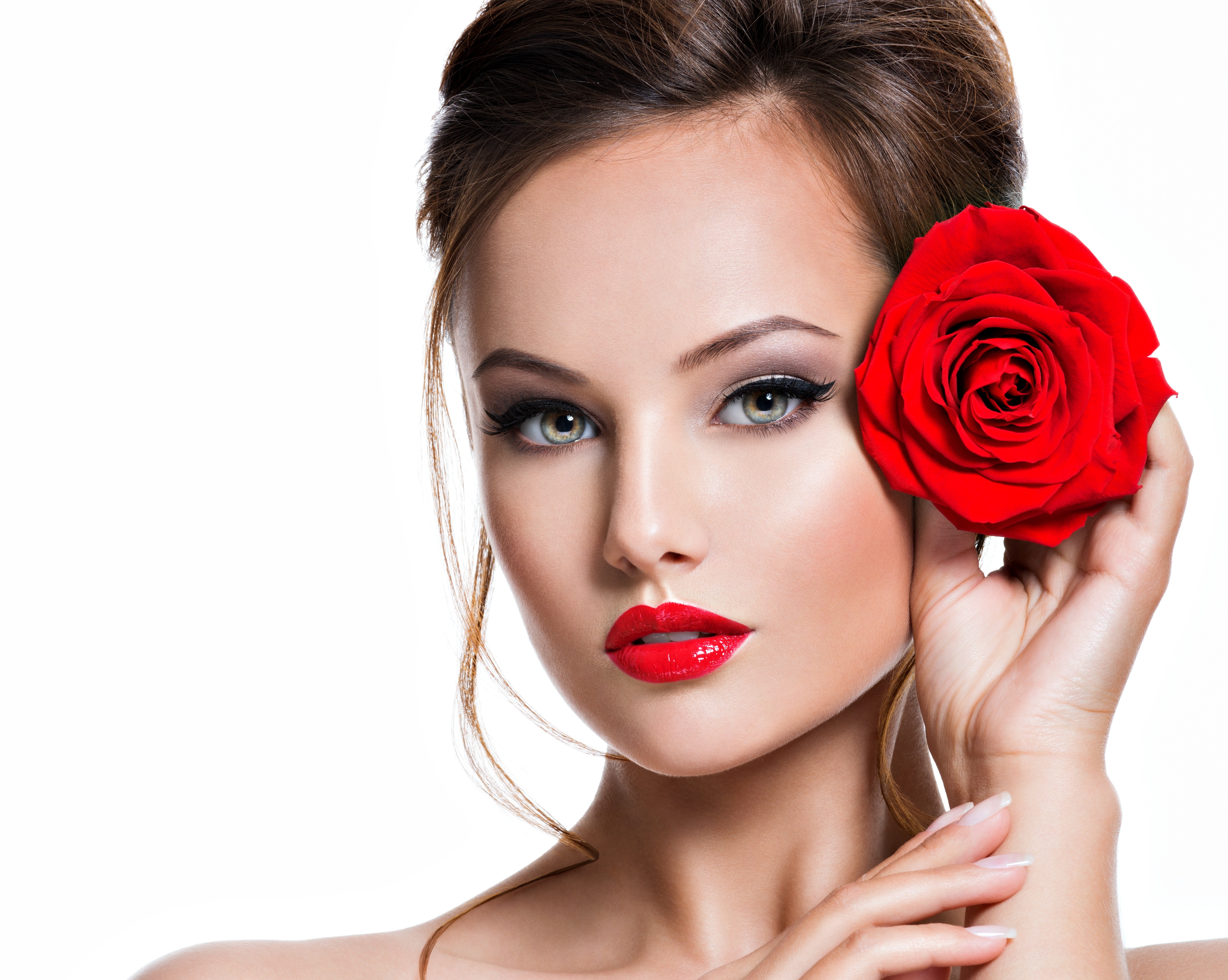 Free download wallpaper Rose, Face, Brunette, Model, Women, Blue Eyes, Lipstick on your PC desktop