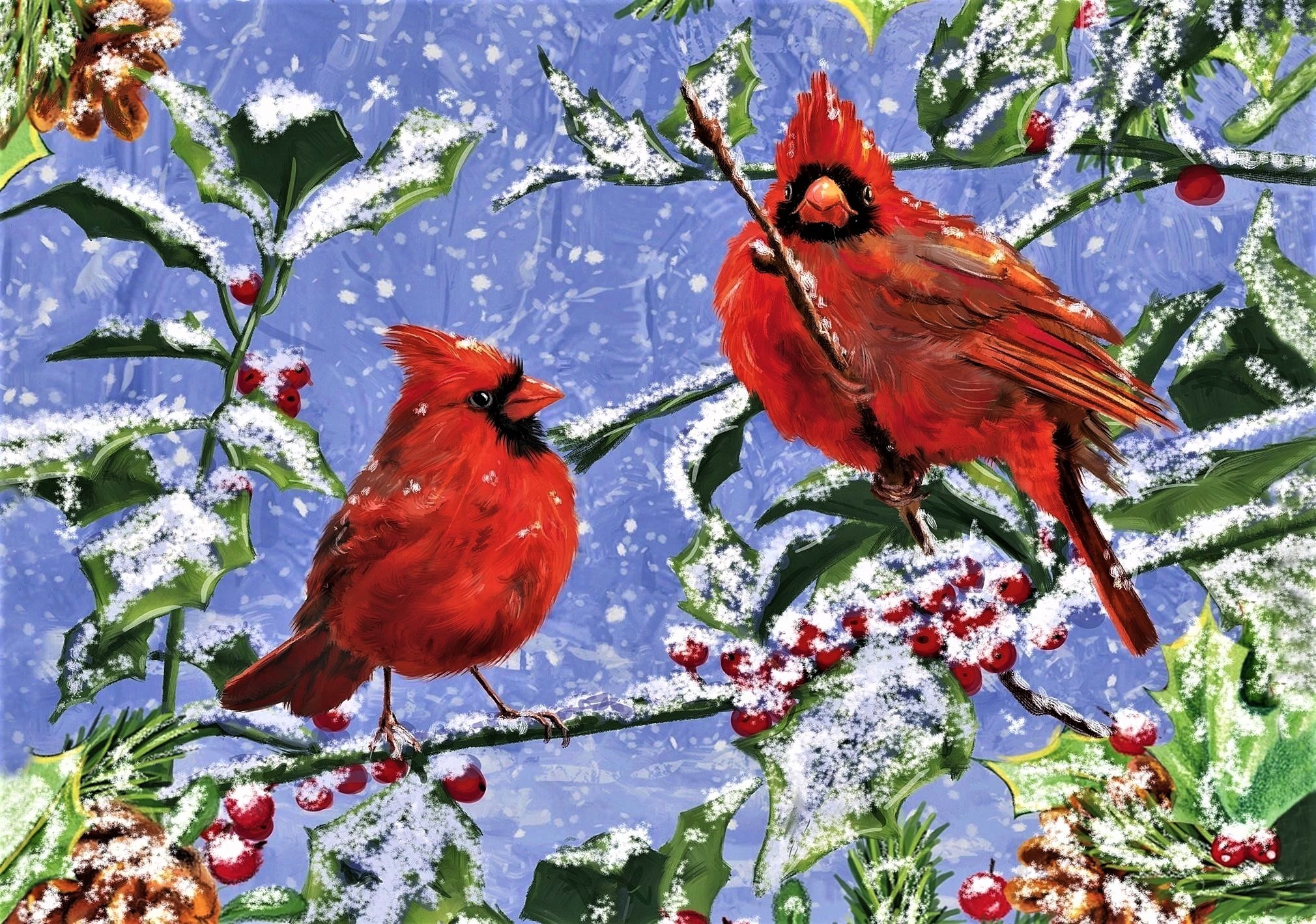 870673 скачать обои птицы, снег, художественные, картина, ягода, ветка, кардиналовые, листва, зима - заставки и картинки бесплатно