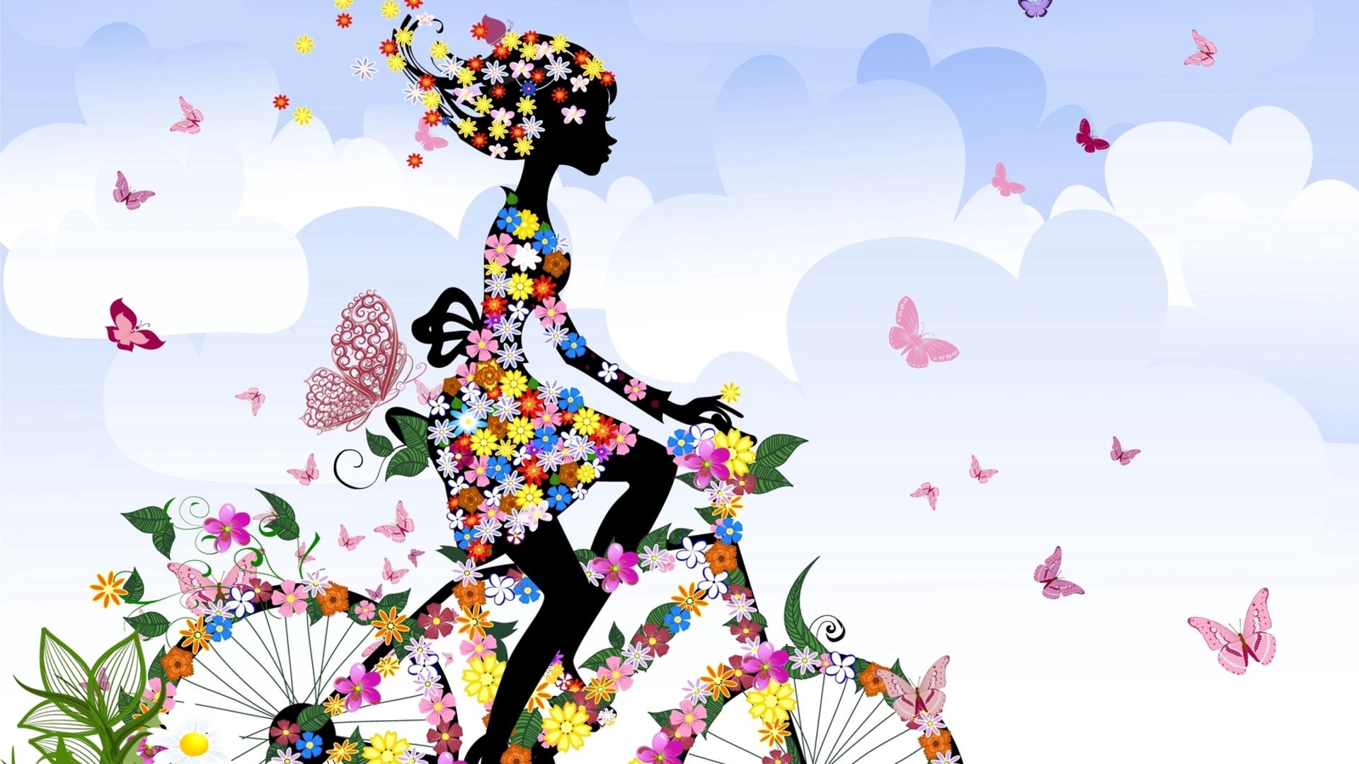 70201 baixar papel de parede borboletas, flores, miscelânea, variado, menina, garota, bicicleta - protetores de tela e imagens gratuitamente