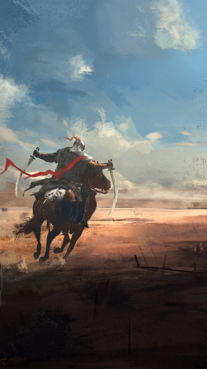 Download mobile wallpaper Fantasy, Desert, Warrior, Horse, Sword for free.