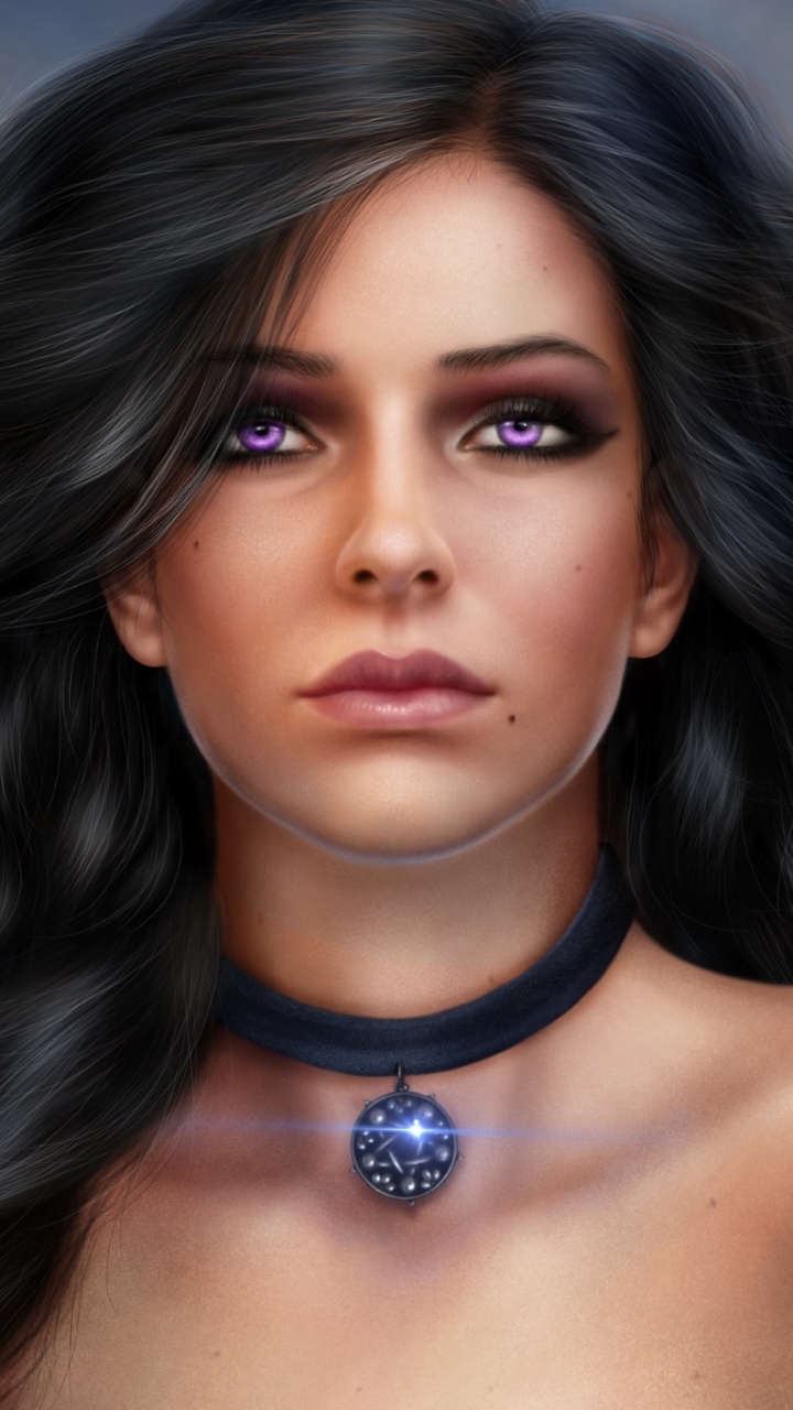 video game, the witcher 3: wild hunt, necklace, purple eyes, yennefer of vengerberg, long hair, black hair, amulet, the witcher