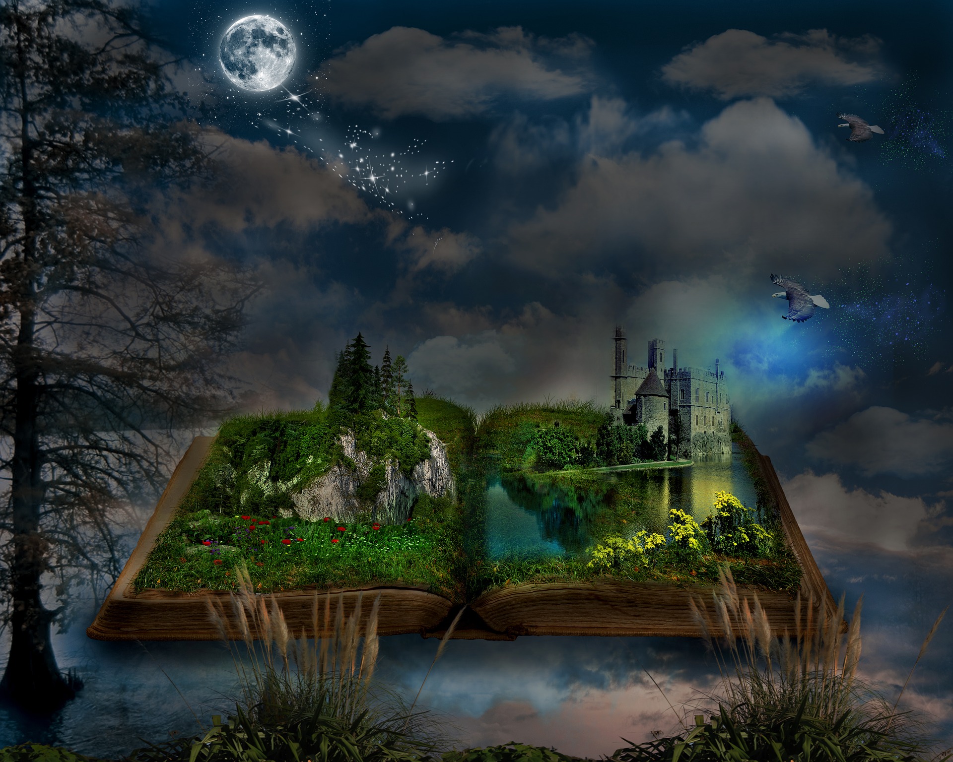 Download mobile wallpaper Fantasy, Moon, Book, Castle for free.
