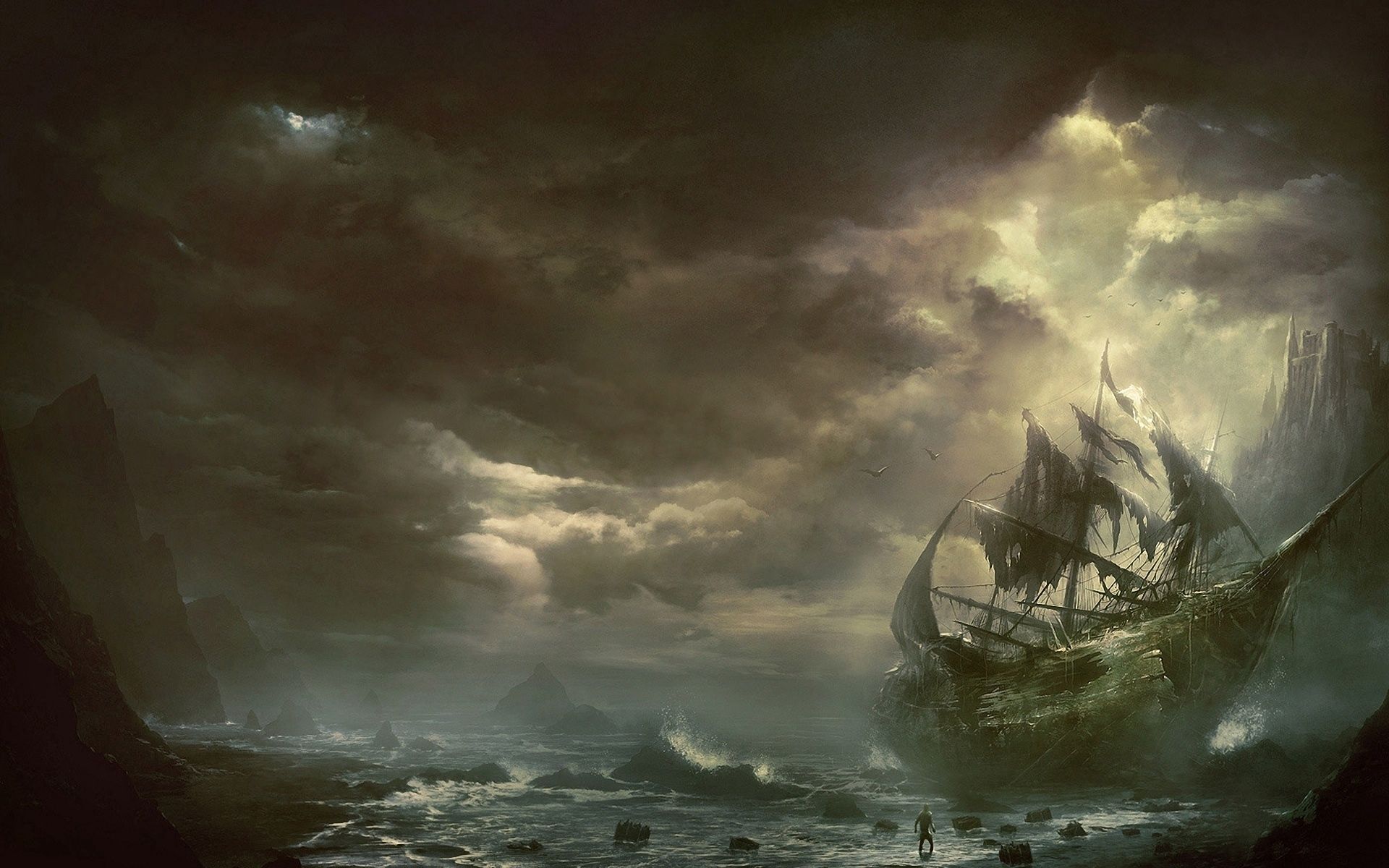 fantasy, mountains, sea, clouds, sailboat, sailfish, ship, destroyed, ruined Panoramic Wallpaper