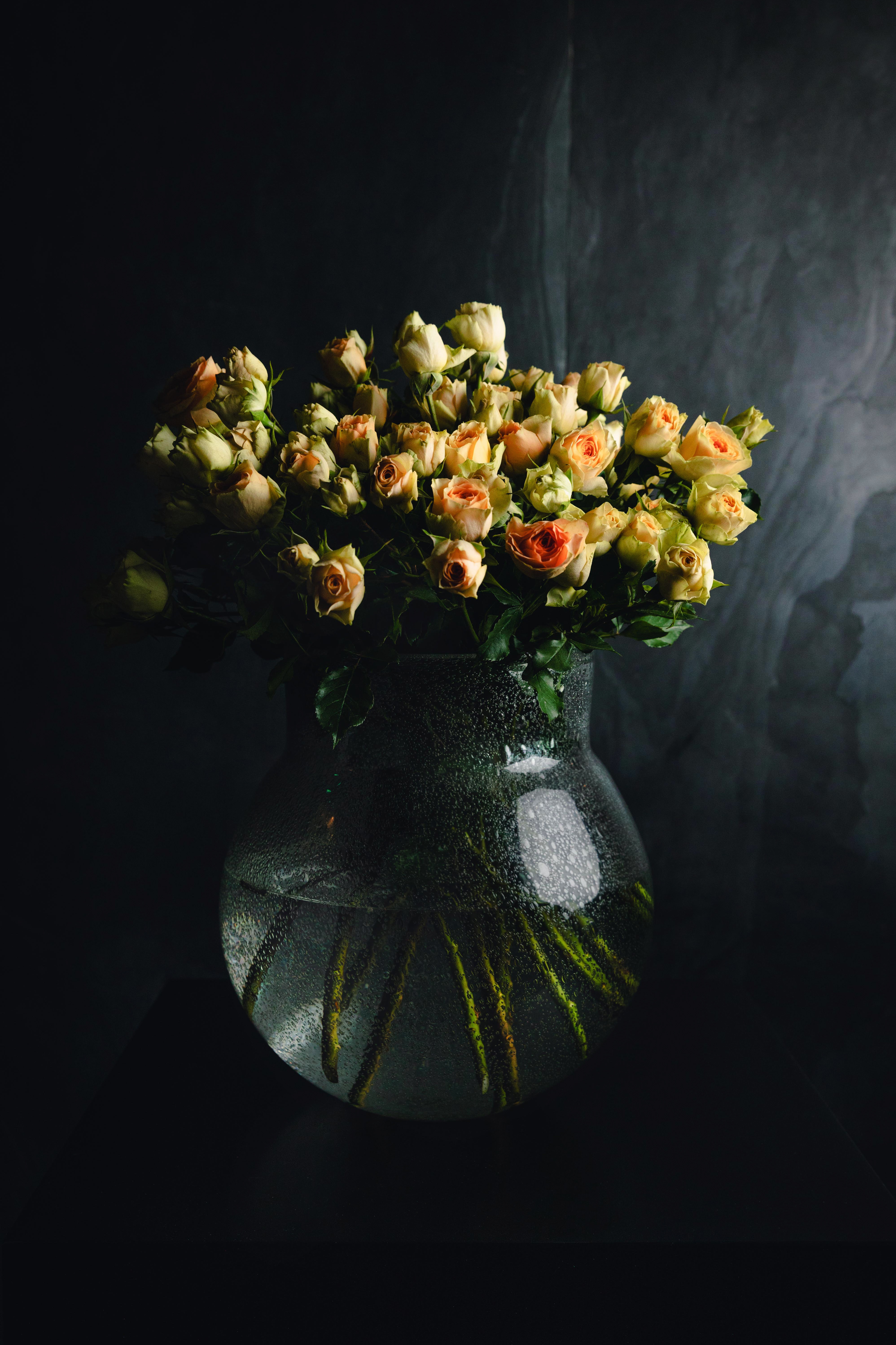 Téléchargez des papiers peints mobile Fleurs, Sombre, Vase, Bouquet, Roses gratuitement.