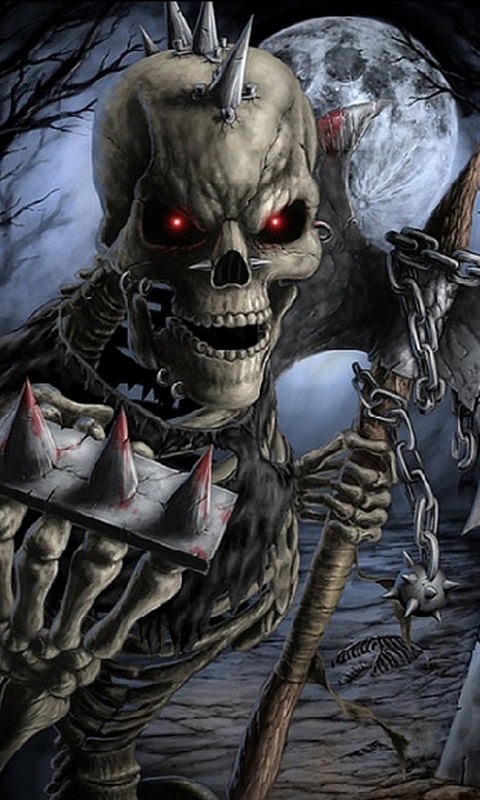Download mobile wallpaper Moon, Dark, Warrior, Axe, Skeleton, Tombstone for free.