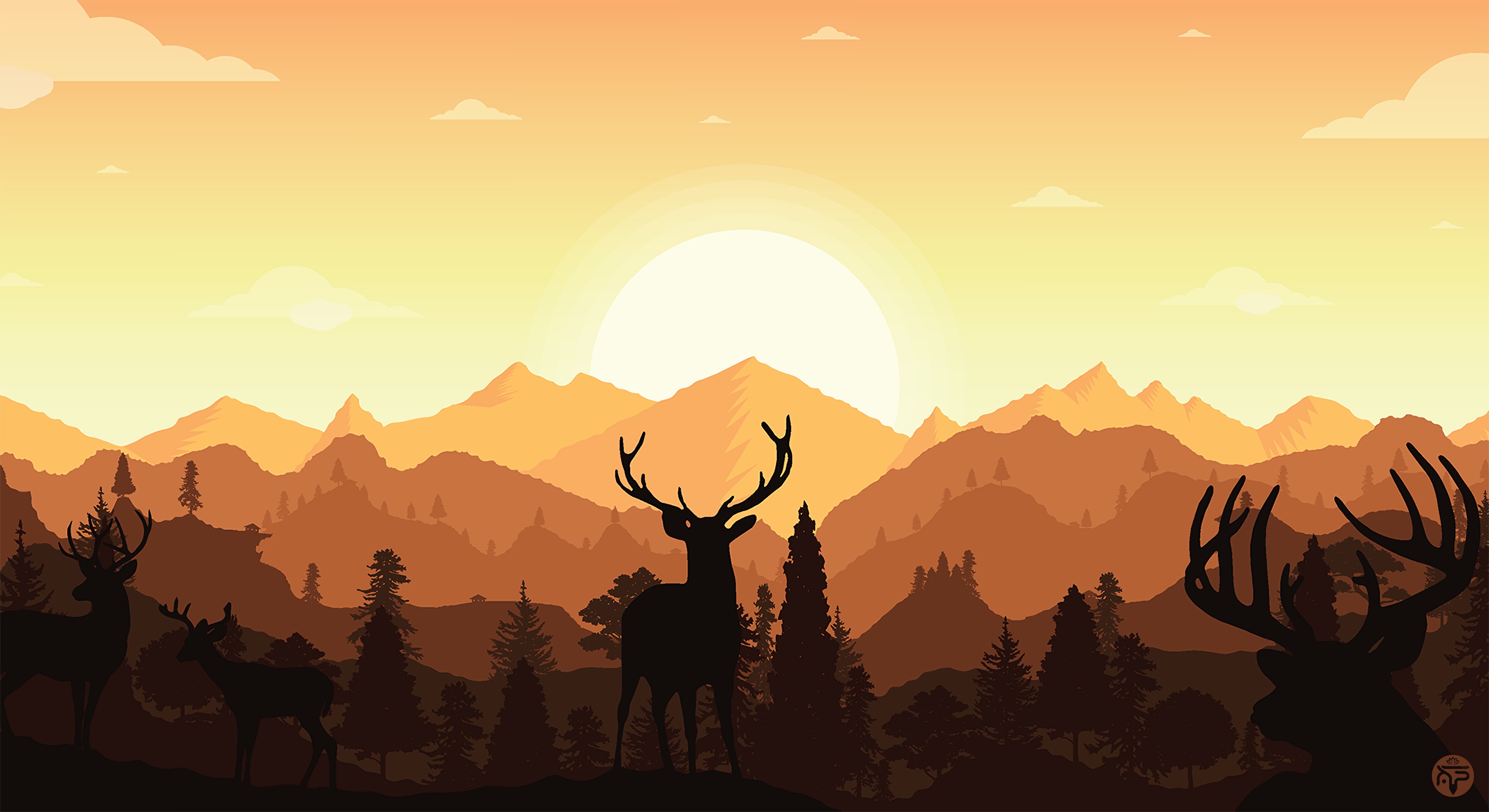 vector, art, mountains, deers, silhouette, horns