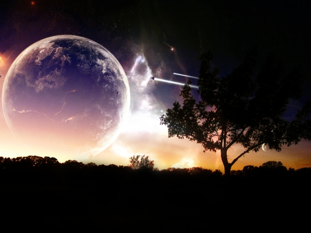 sci fi, planet rise, spaceship, atmosphere, tree, planet