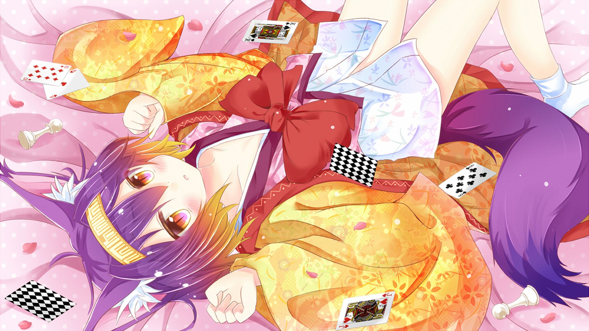 anime, no game no life, animal ears, blush, izuna hatsuse, kimono, purple hair, socks, tail, yellow eyes