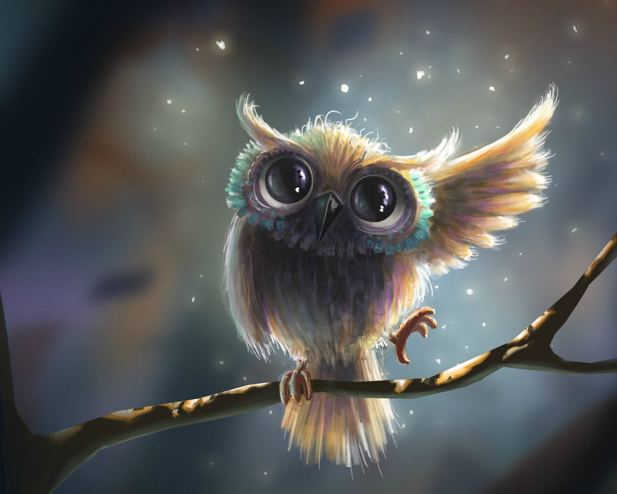 Free download wallpaper Fantasy, Night, Owl, Branch, Cute, Firefly, Fantasy Animals on your PC desktop