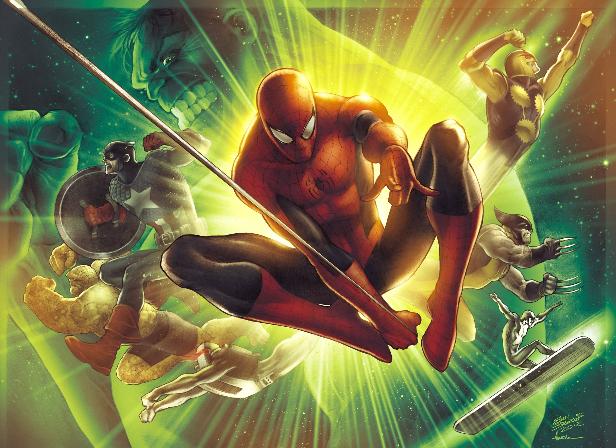 Скачати мобільні шпалери Людина Павук, Халк, Капітан Америка, Росомаха, Комікси, Штука (Комікси Marvel), Срібний Серфер, Комікси Marvel безкоштовно.