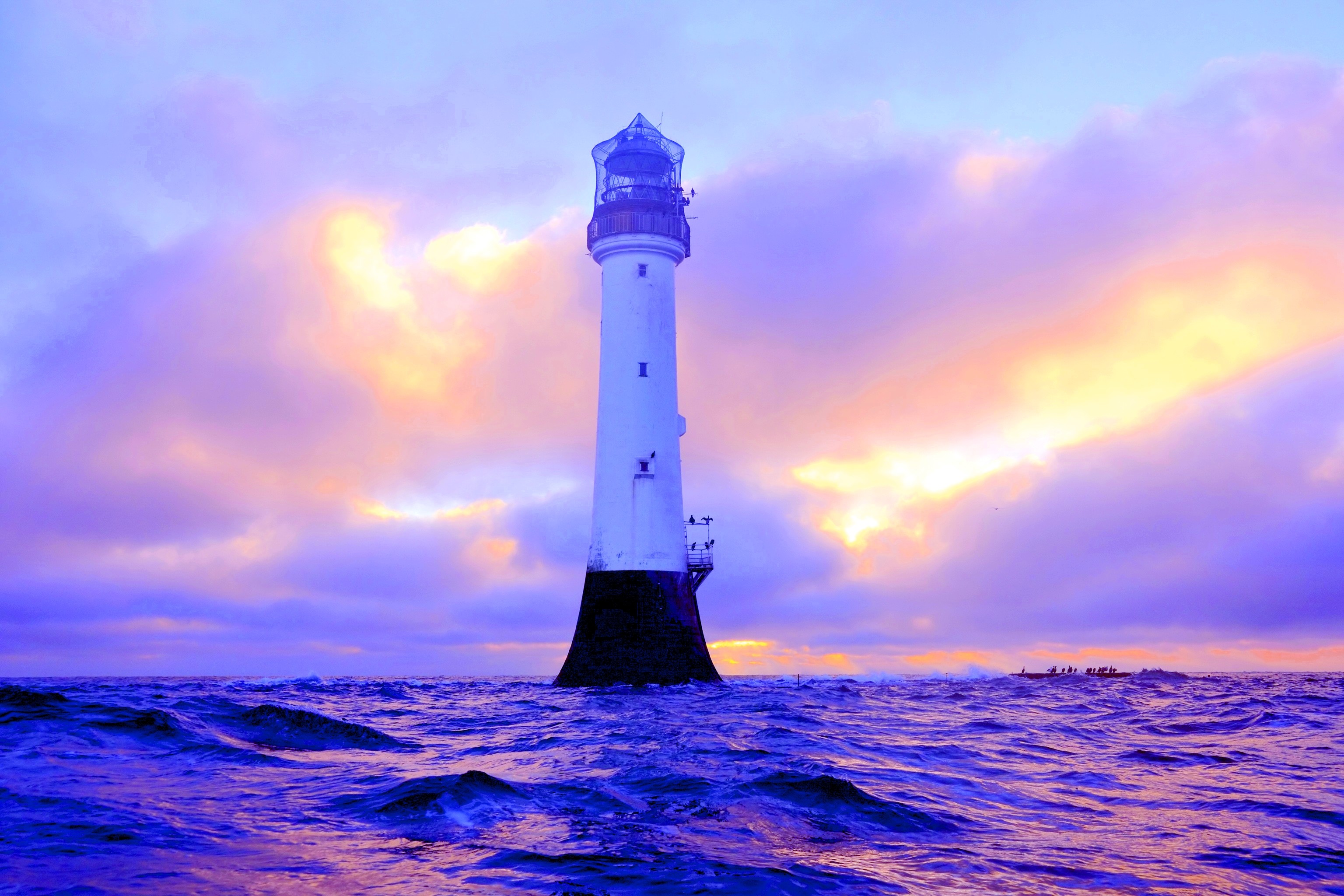 Download mobile wallpaper Sunset, Sky, Horizon, Ocean, Lighthouse, Man Made for free.