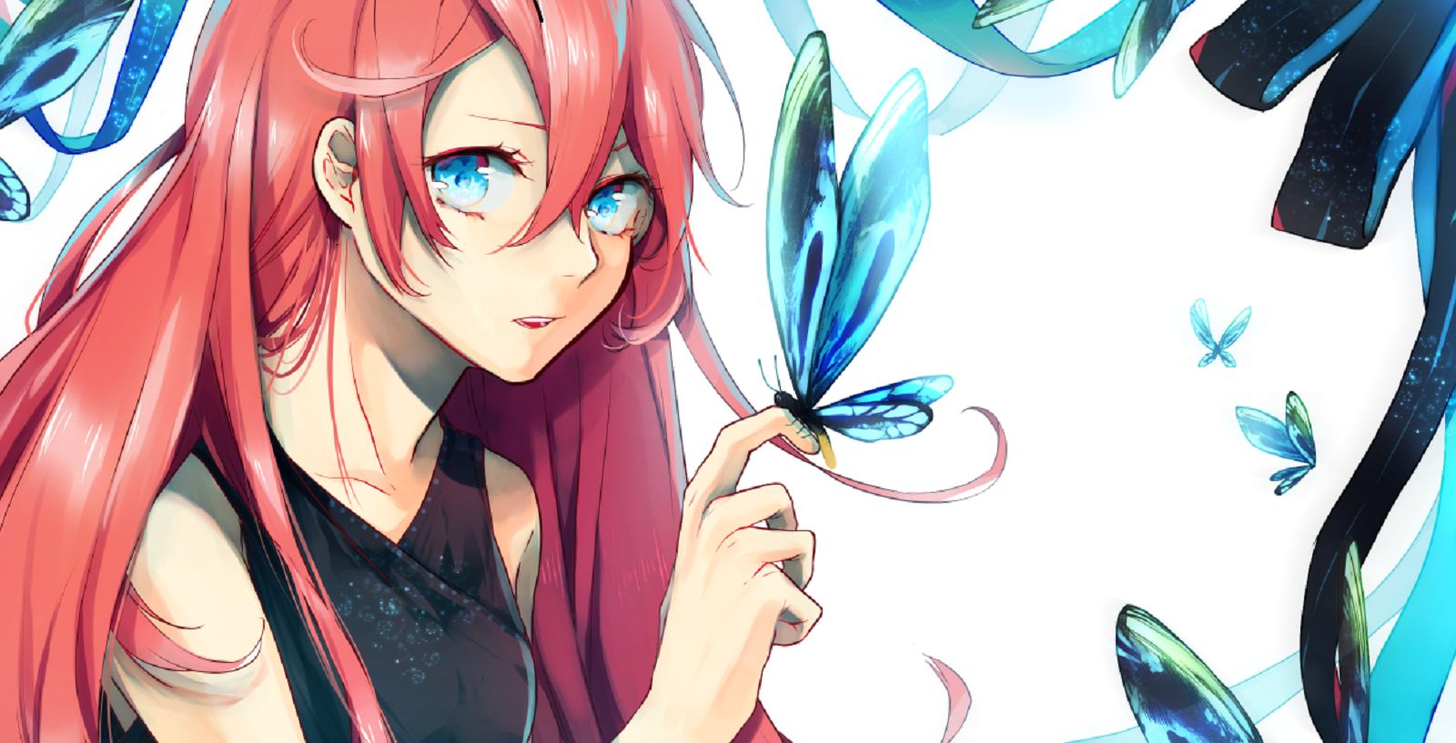 Descarga gratis la imagen Mariposa, Vocaloid, Luka Megurine, Ojos Azules, Animado, Cabello Rosado, Pelo Largo en el escritorio de tu PC