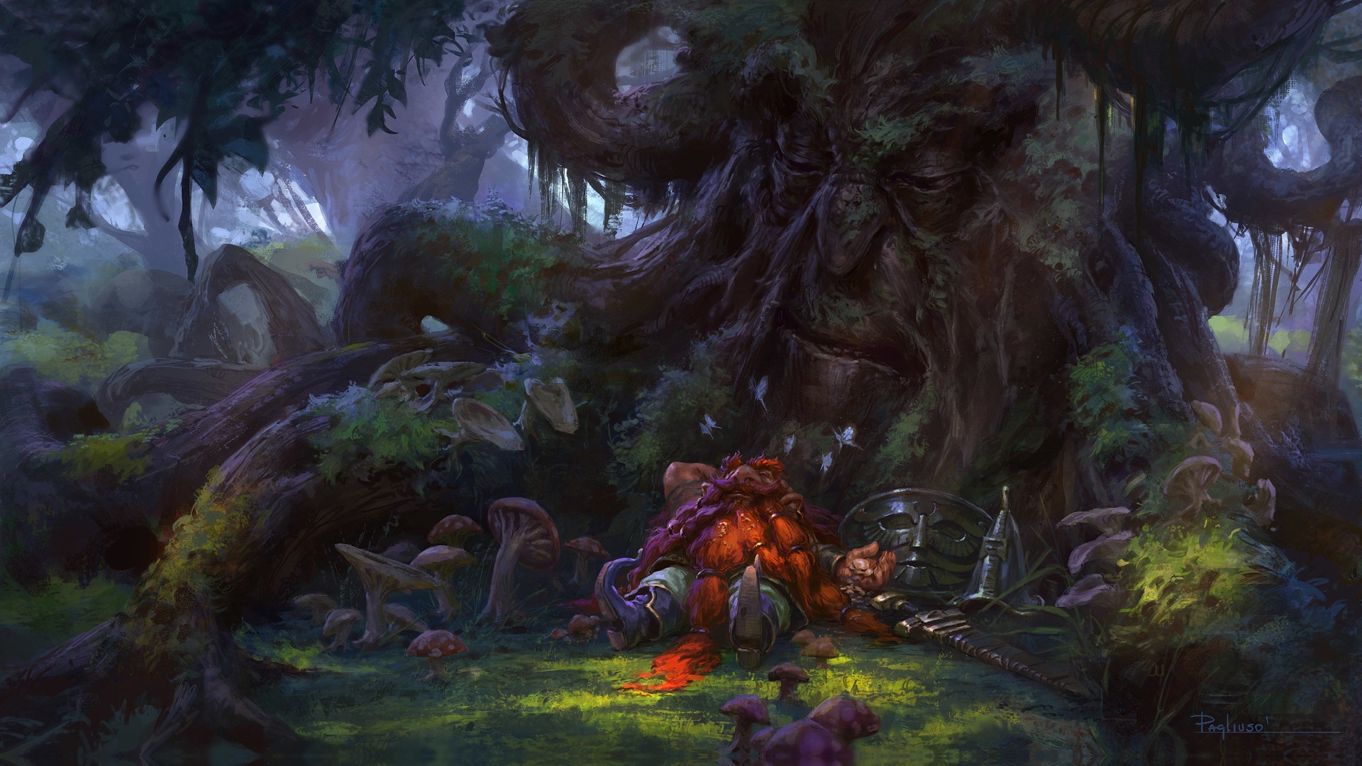 Download mobile wallpaper Fantasy, Tree, Sleeping, Dwarf for free.