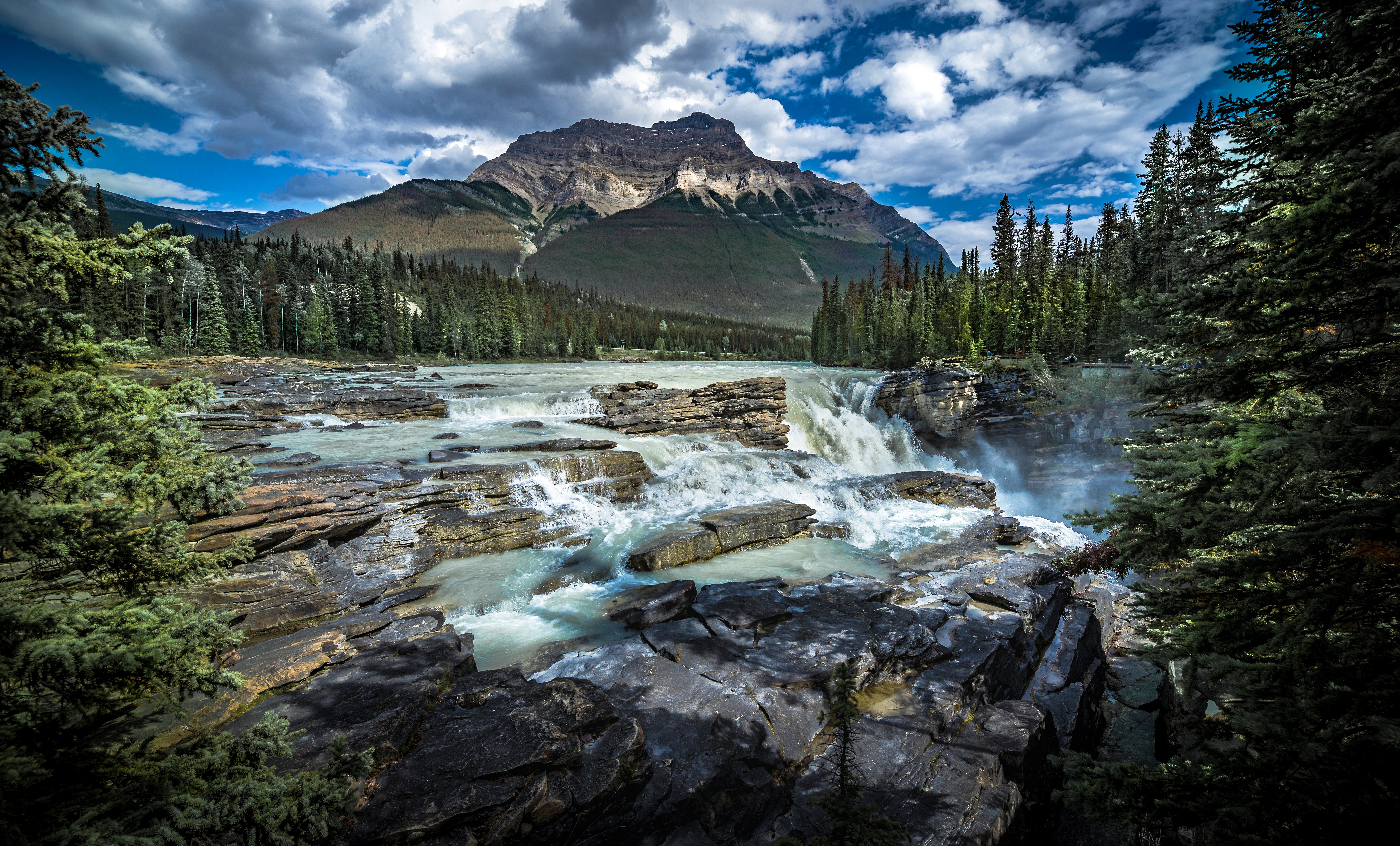 Скачать обои бесплатно Река, Гора, Канада, Водопад, Альберта, Земля/природа, Водопад Атабаска, Канадские Скалистые Горы, Национальный Парк Джаспер картинка на рабочий стол ПК