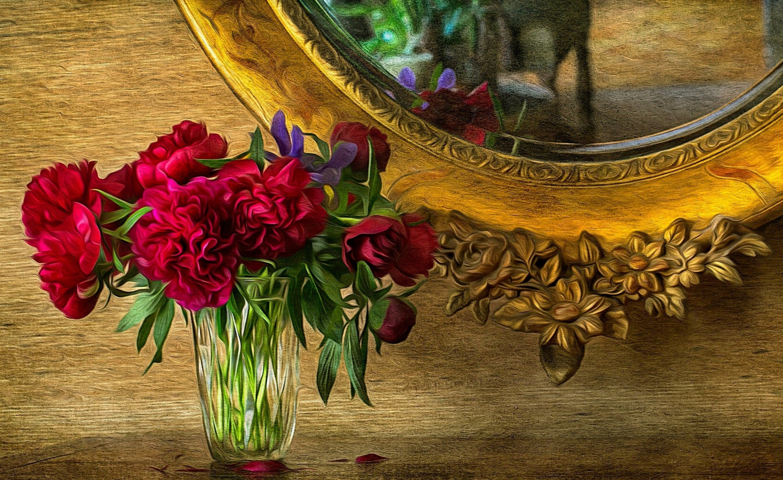Download mobile wallpaper Flower, Vase, Painting, Artistic, Mirror, Red Flower for free.
