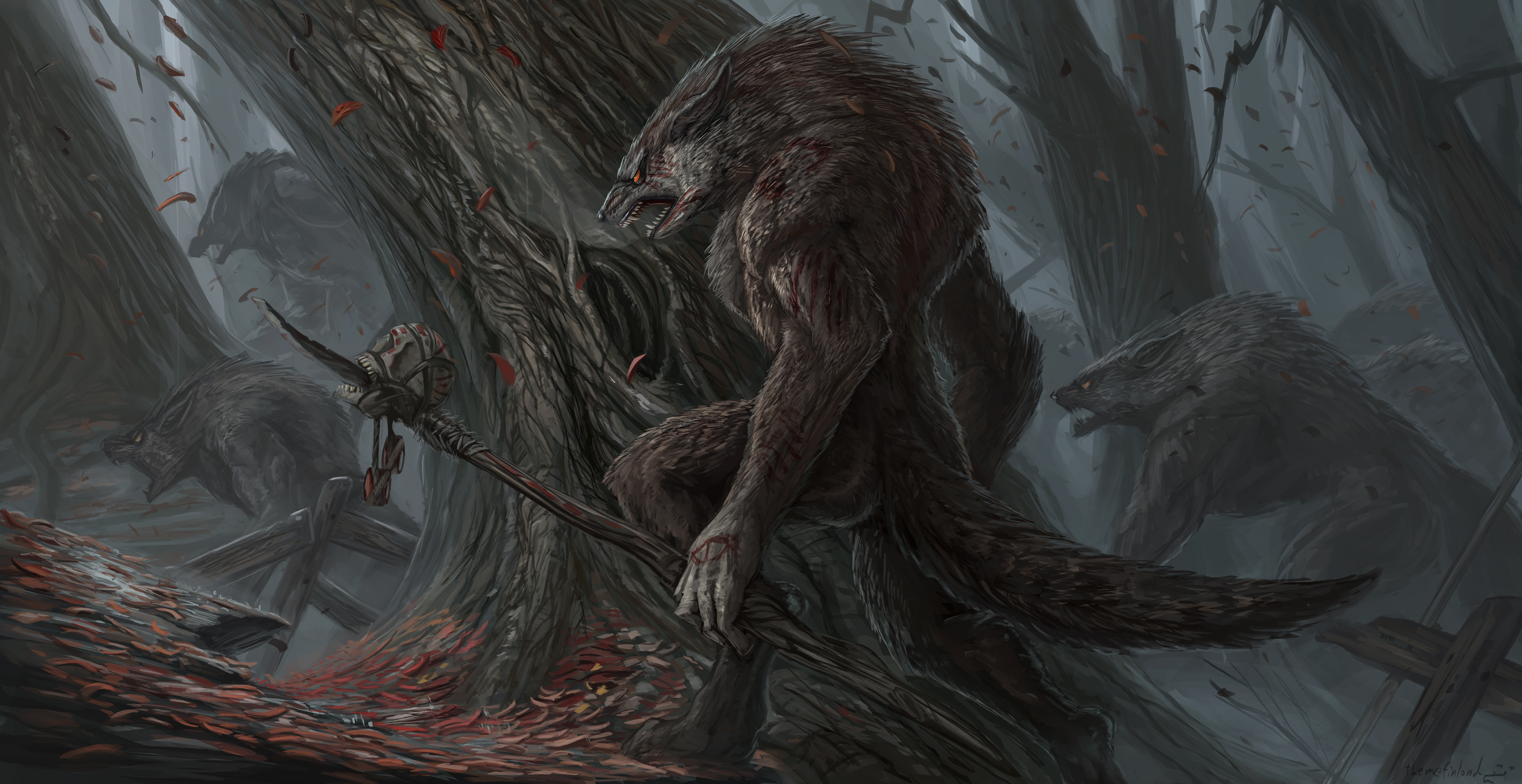Download mobile wallpaper Dark, Forest, Skull, Werewolf for free.