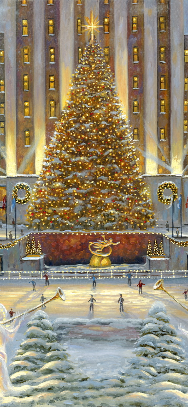 1405868 скачать обои художественные, картина, рождественская елка, рождество, каток - заставки и картинки бесплатно
