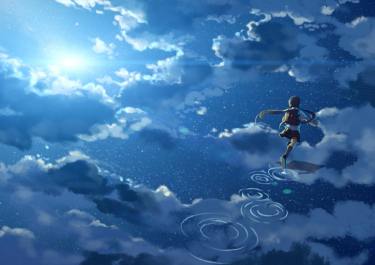 Скачать картинку Аниме, Вода, Небо, Отражение, Облако, Длинные Волосы в телефон бесплатно.