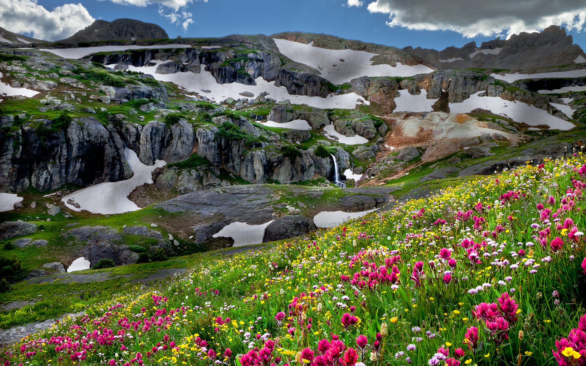 270557 завантажити картинку земля, гора, квітка, пейзаж, луг, панорама, мальовничий, сніг, долина, гори - шпалери і заставки безкоштовно