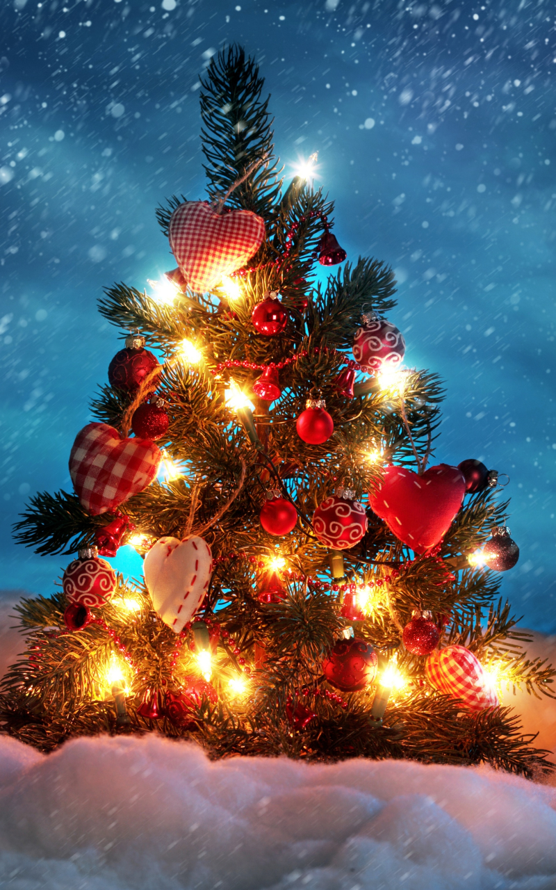 Download mobile wallpaper Winter, Night, Snow, Christmas, Holiday, Christmas Tree, Snowfall, Christmas Ornaments, Christmas Lights for free.