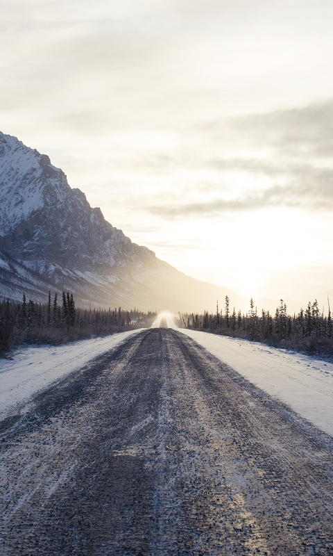 Download mobile wallpaper Winter, Snow, Road, Sunrise, Man Made for free.