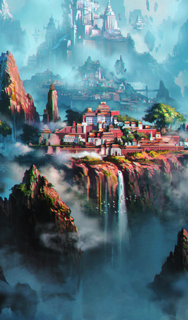 Descarga gratuita de fondo de pantalla para móvil de Fantasía, Ciudad, Cascada, Pueblo.