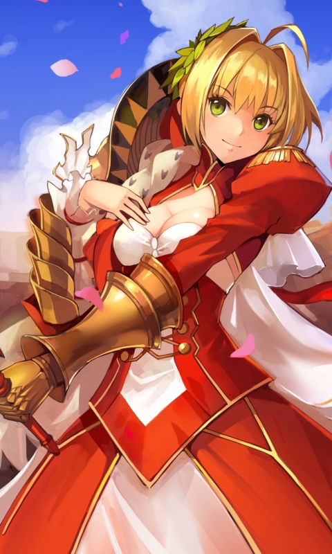 Download mobile wallpaper Anime, Weapon, Flower, Blonde, Dress, Armor, Sword, Green Eyes, Short Hair, Saber (Fate Series), Fate/stay Night, Red Saber, Fate/extra, Fate Series for free.