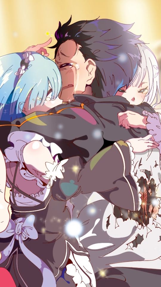 Download mobile wallpaper Anime, Hug, Crying, Re:zero Starting Life In Another World, Subaru Natsuki, Ram (Re:zero), Rem (Re:zero) for free.