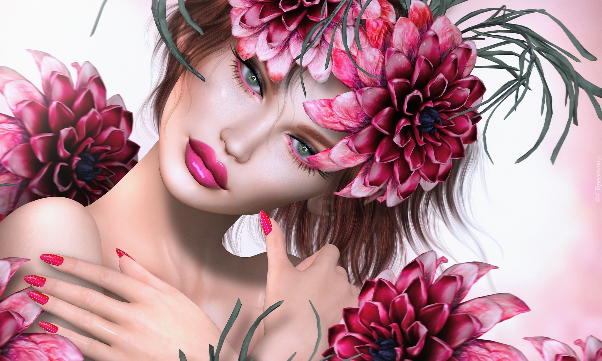 Download mobile wallpaper Fantasy, Flower, Hair, Women, Lipstick for free.