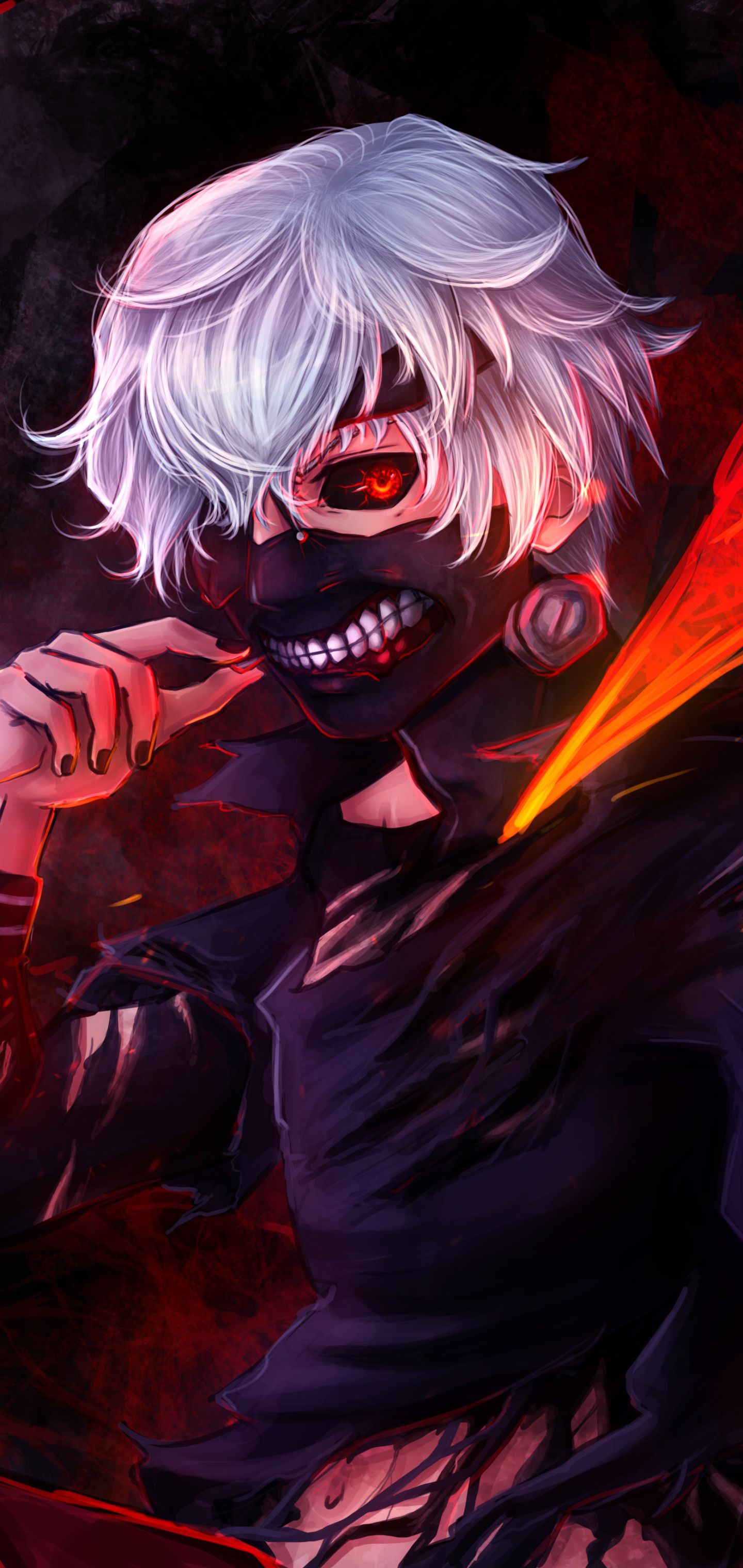 kagune (tokyo ghoul), teeth, anime, tokyo ghoul, mask, ken kaneki, red eyes, white hair phone background