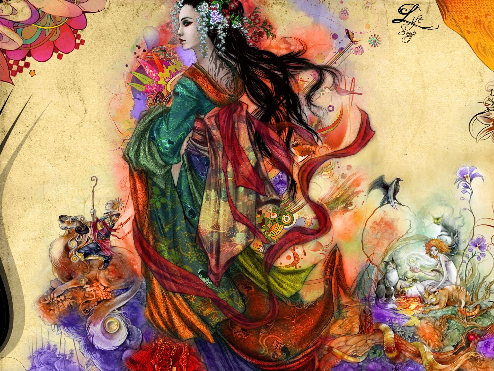 Free download wallpaper Fantasy, Cat, Colors, Colorful, Geisha on your PC desktop