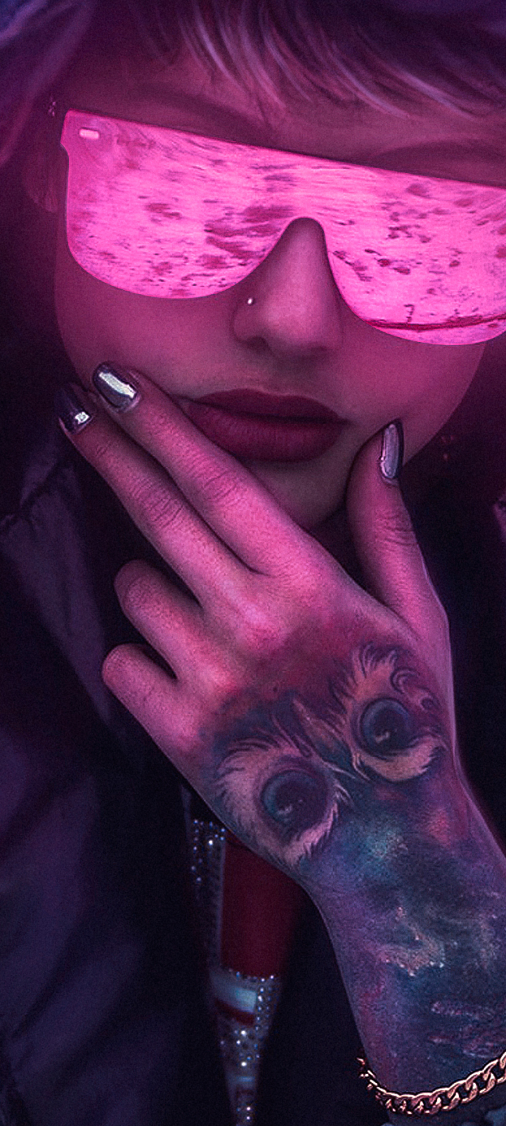 Download mobile wallpaper Cyberpunk, Tattoo, Sci Fi, Hood, Sunglasses, Lipstick for free.