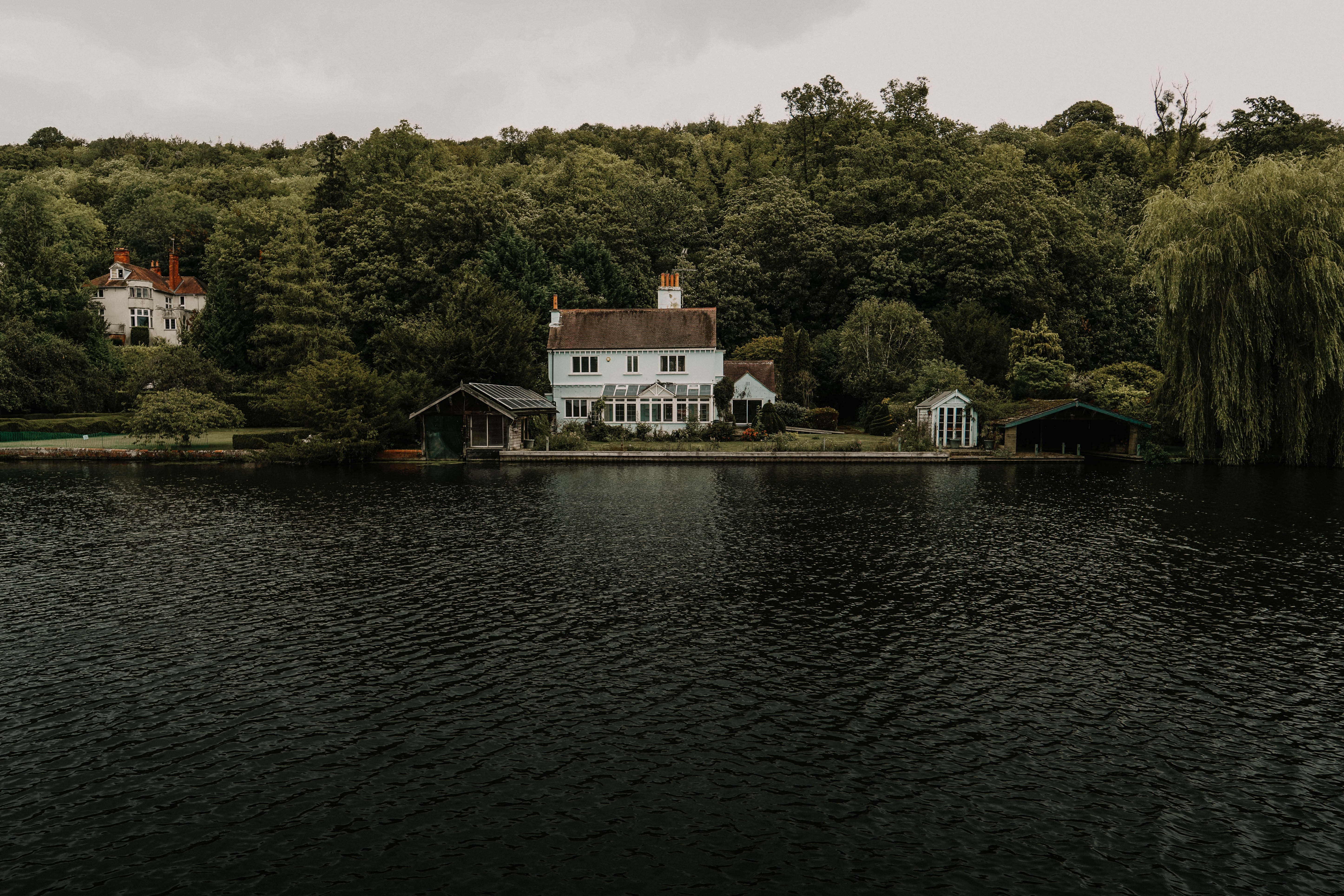 Download mobile wallpaper Building, Bank, Shore, Trees, Nature, Lake, House for free.