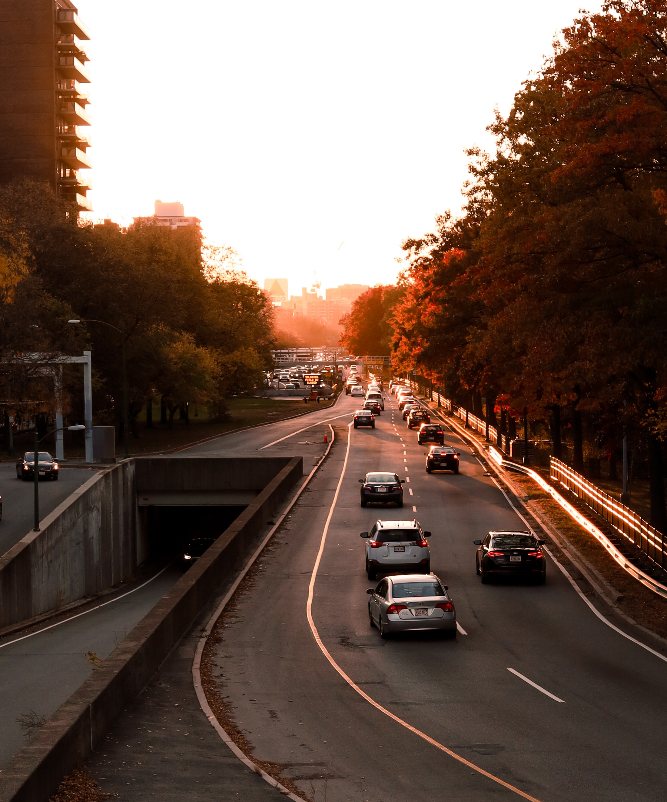 sunset, cars, miscellanea, miscellaneous, road, traffic Desktop Wallpaper