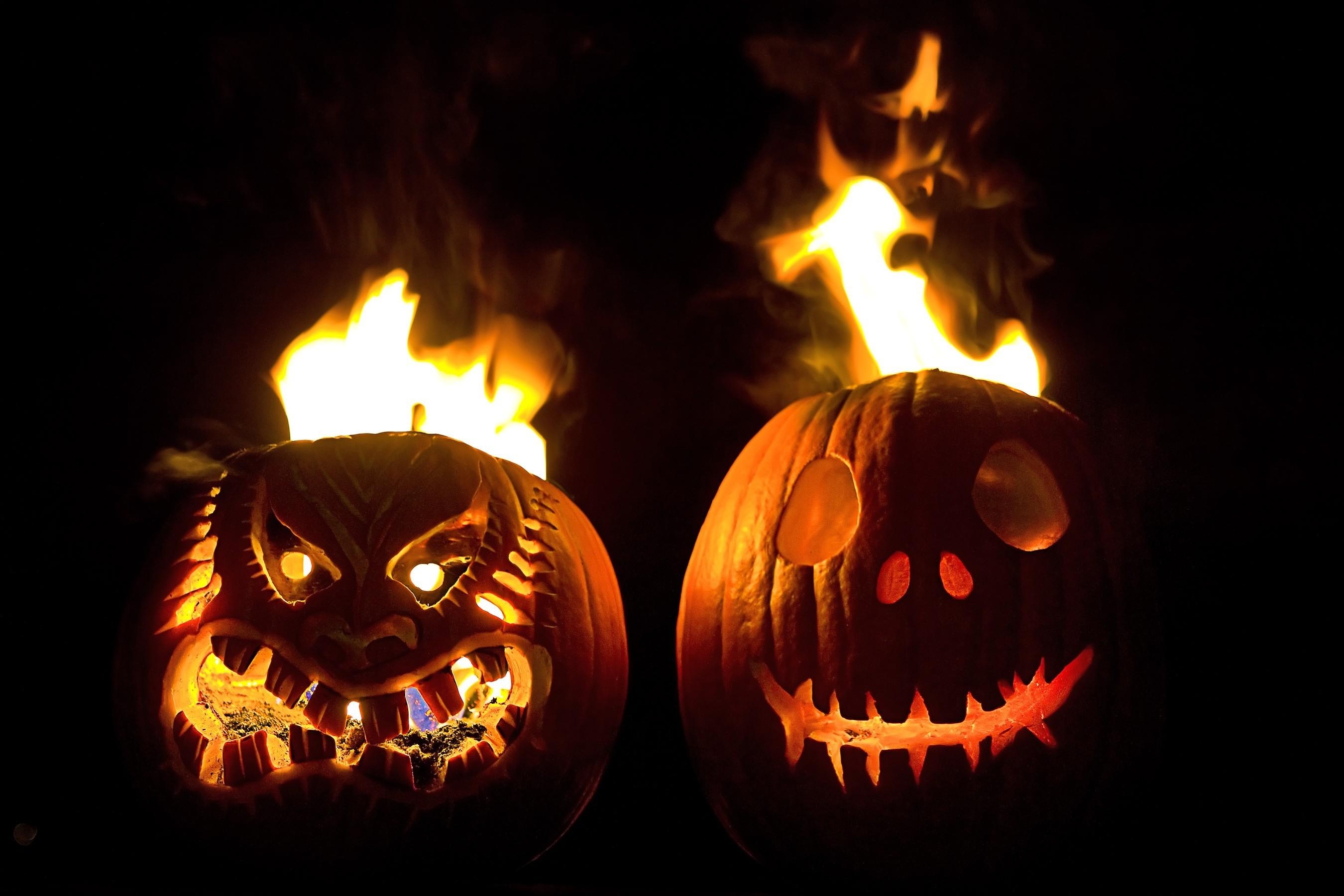 Cool Wallpapers halloween, holidays, fire, pumpkin, couple, pair, muzzle, holiday, black background, muzzles