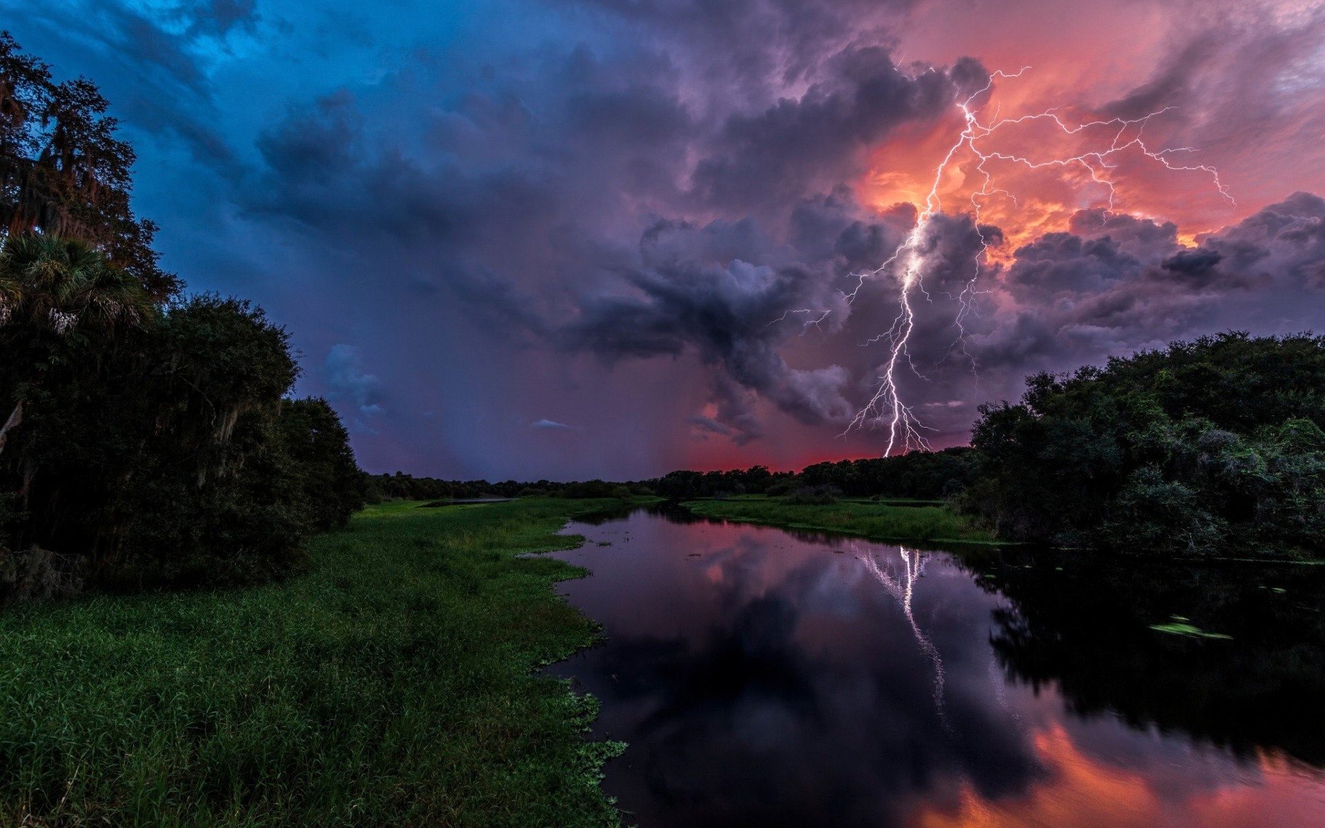 storm, reflection, lightning, nature, earth, sky, cloud, dark, river