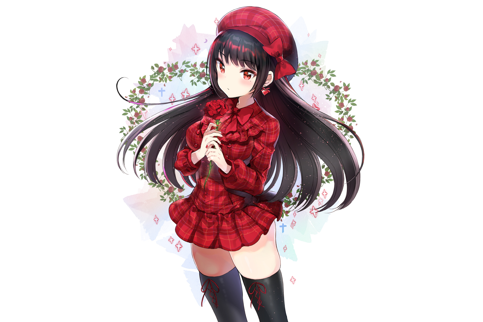 Download mobile wallpaper Anime, Flower, Hat, Dress, Original, Red Eyes, Long Hair for free.