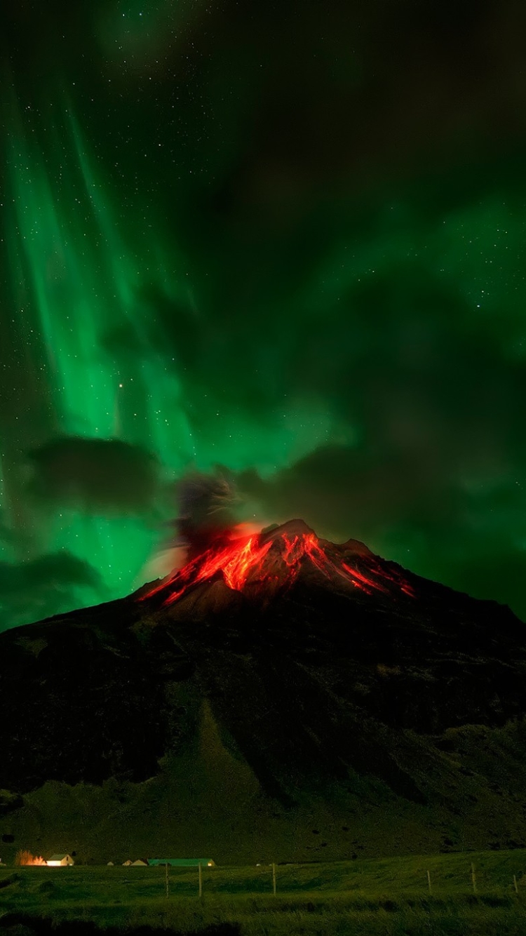 earth, volcano, lava, starry sky, aurora borealis, eruption, volcanoes 1080p