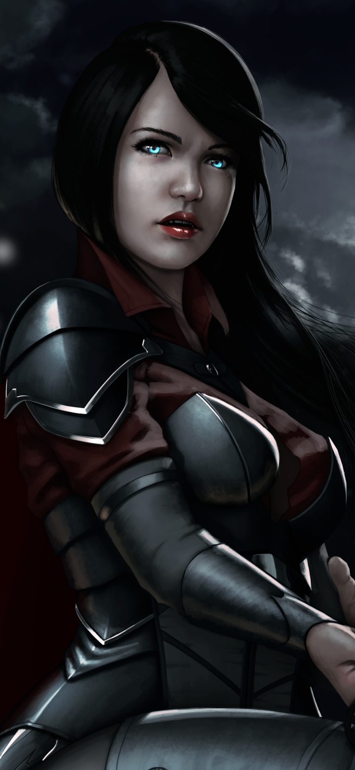 Download mobile wallpaper Fantasy, Night, Armor, Blue Eyes, Black Hair, Women Warrior, Woman Warrior for free.