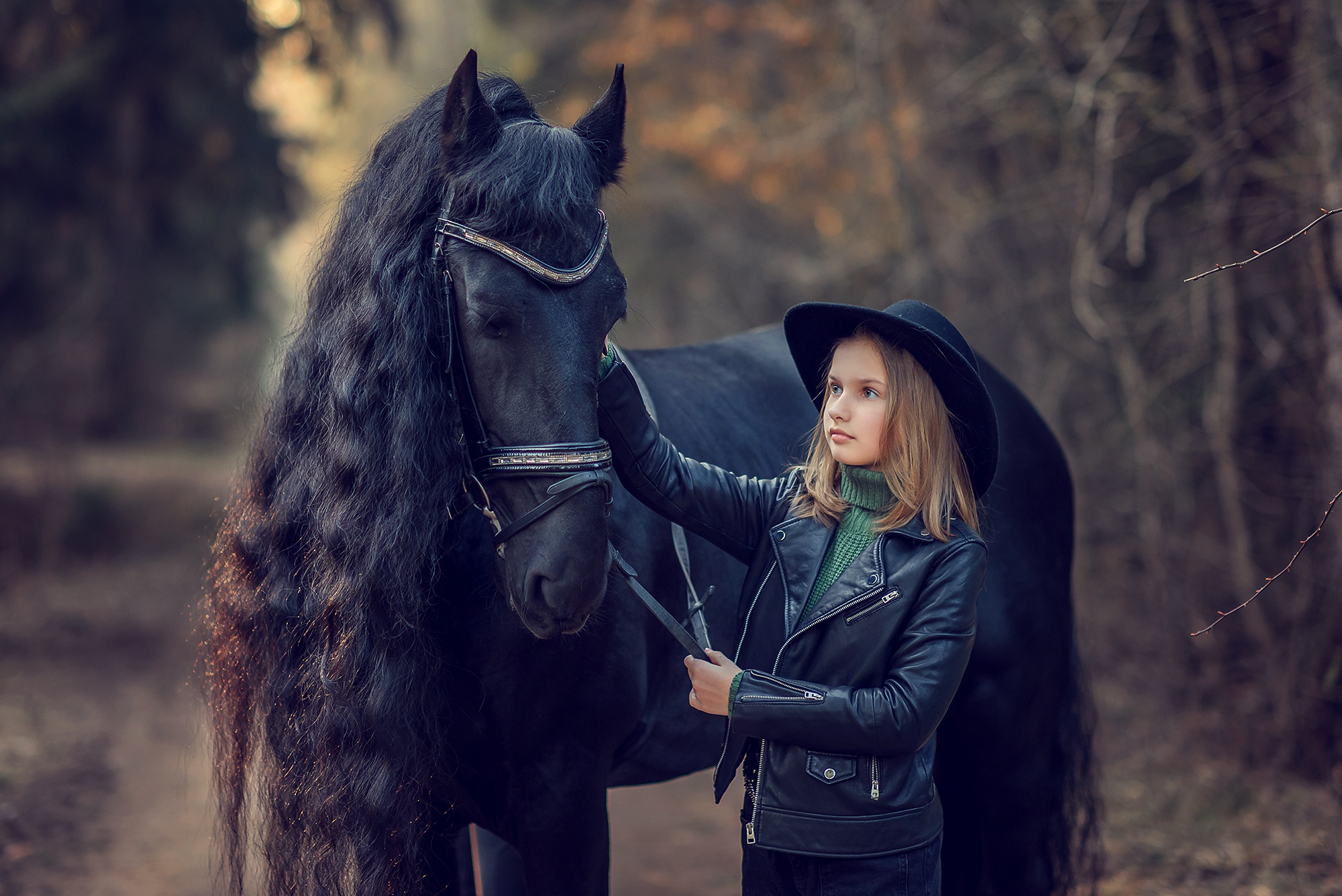 Download mobile wallpaper Child, Horse, Hat, Photography, Depth Of Field, Leather Jacket for free.