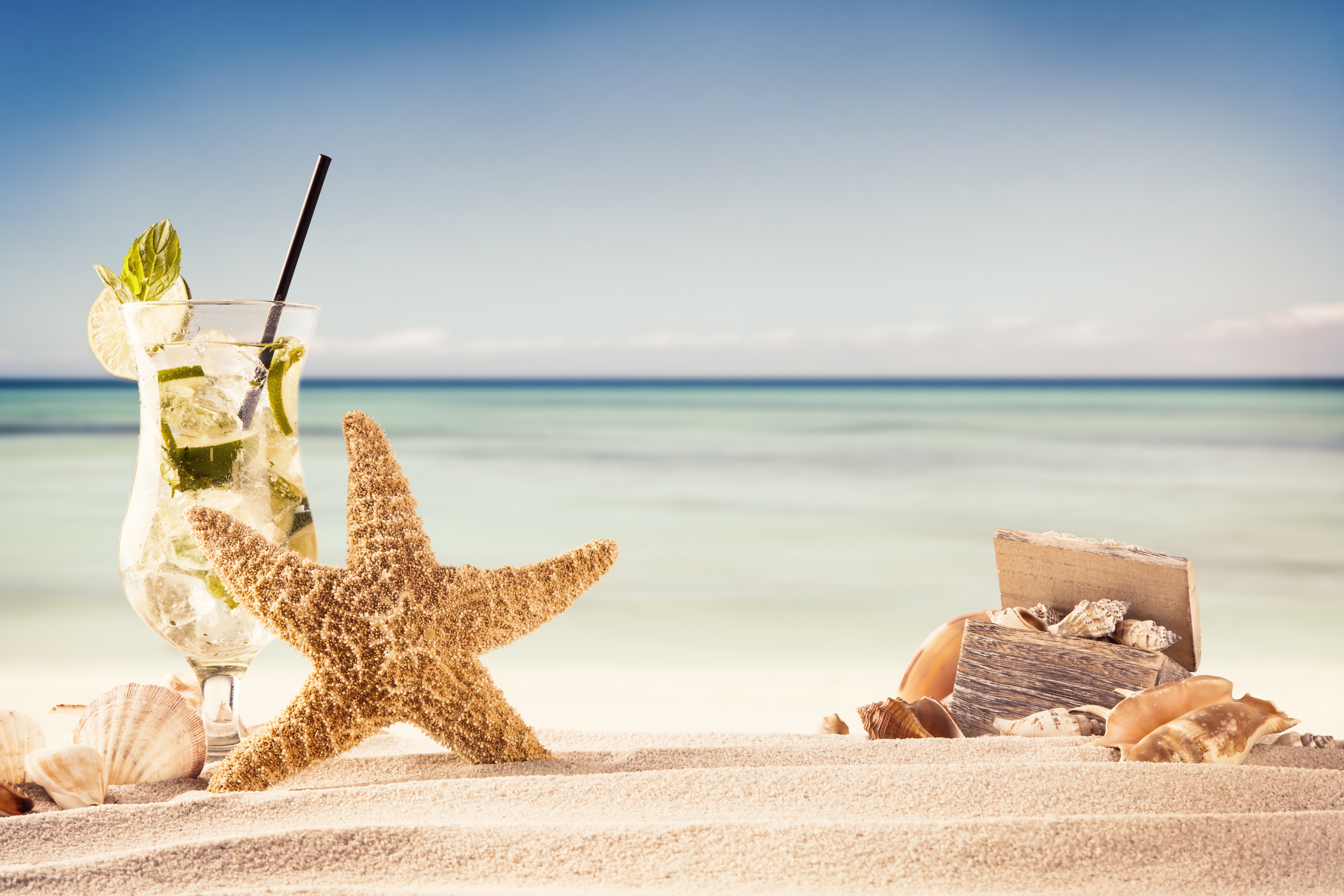 Download mobile wallpaper Beach, Sand, Starfish, Horizon, Ocean, Tropical, Photography, Cocktail for free.