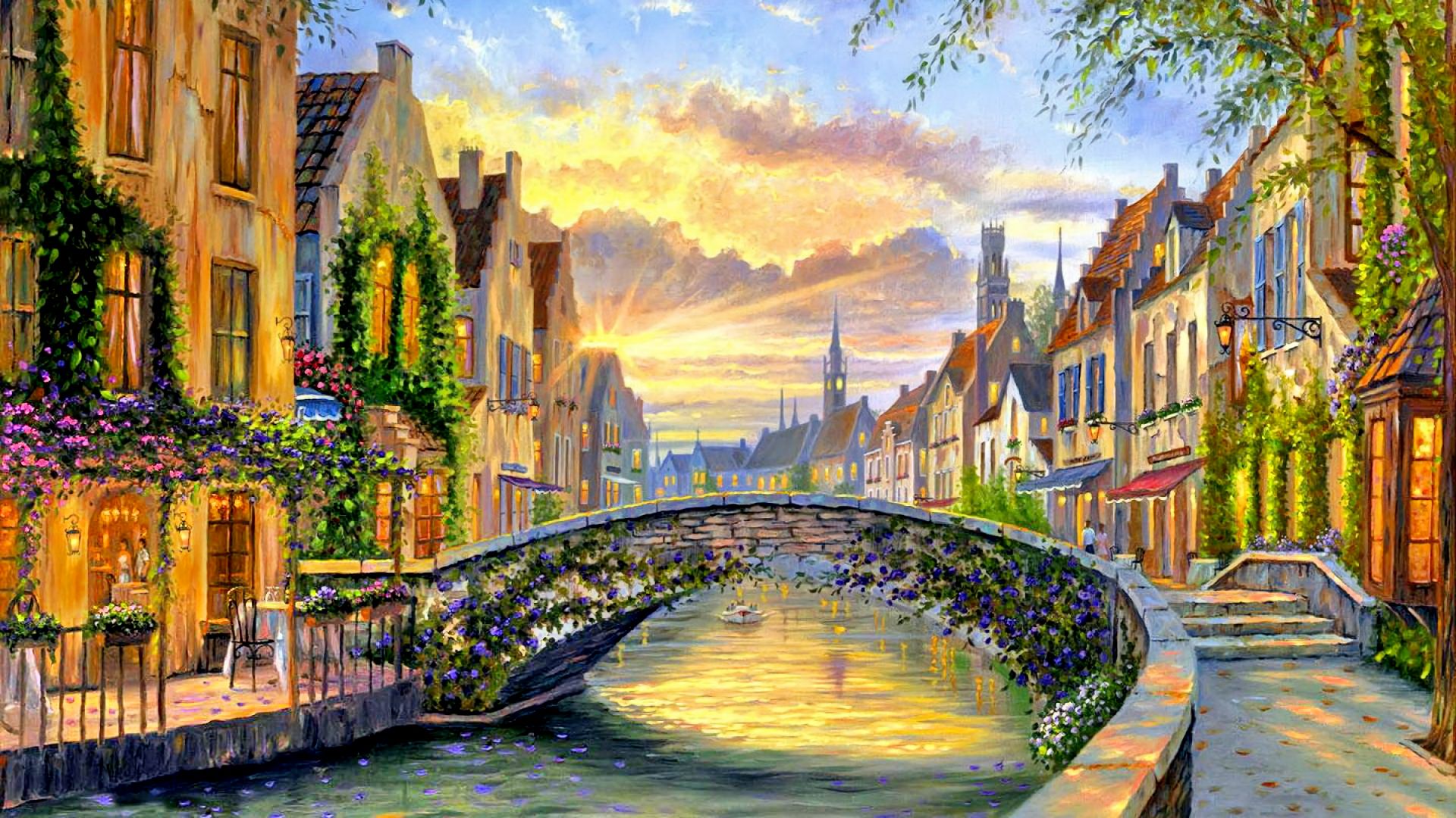 spring, artistic, painting, belgium, bridge, house, town
