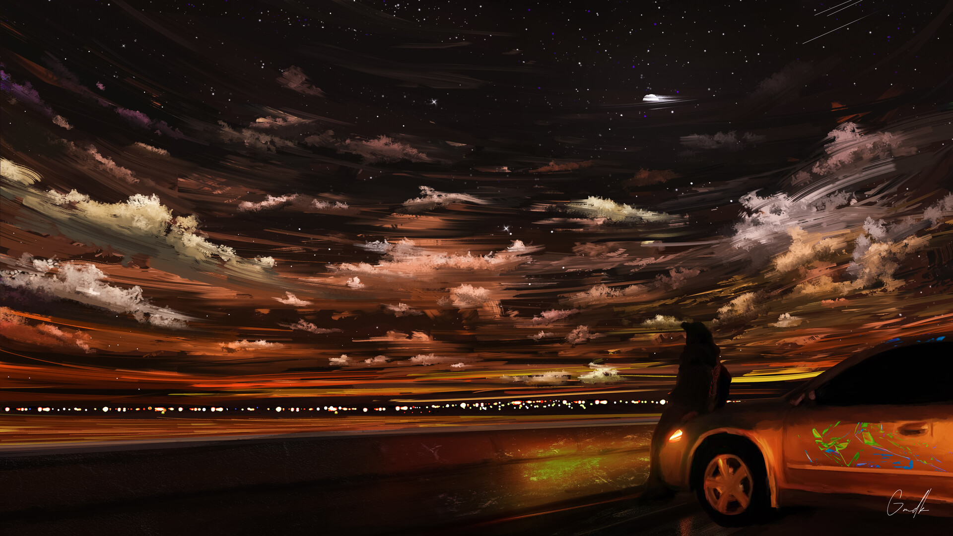 Download mobile wallpaper Sky, Night, Car, Artistic for free.