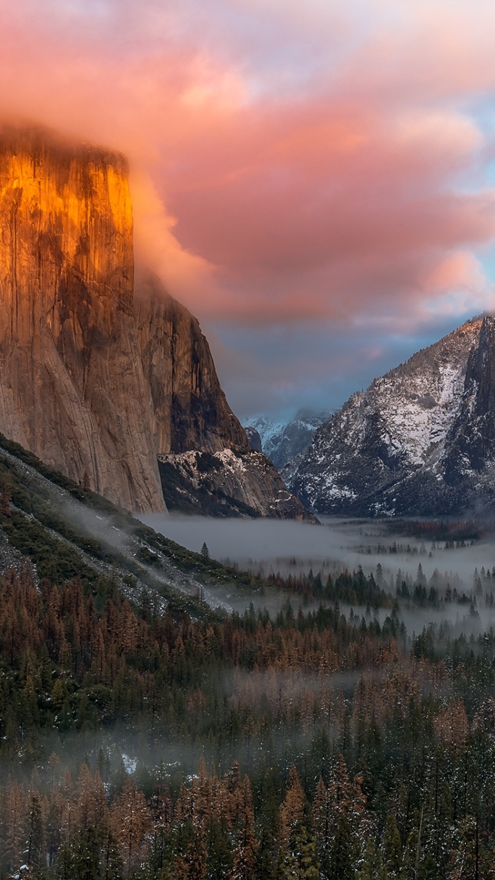 Handy-Wallpaper Landschaft, Natur, Berg, Wasserfall, Wald, Nebel, Cliff, Klippe, Gebirge, Nationalpark, Yosemite Nationalpark, Erde/natur kostenlos herunterladen.