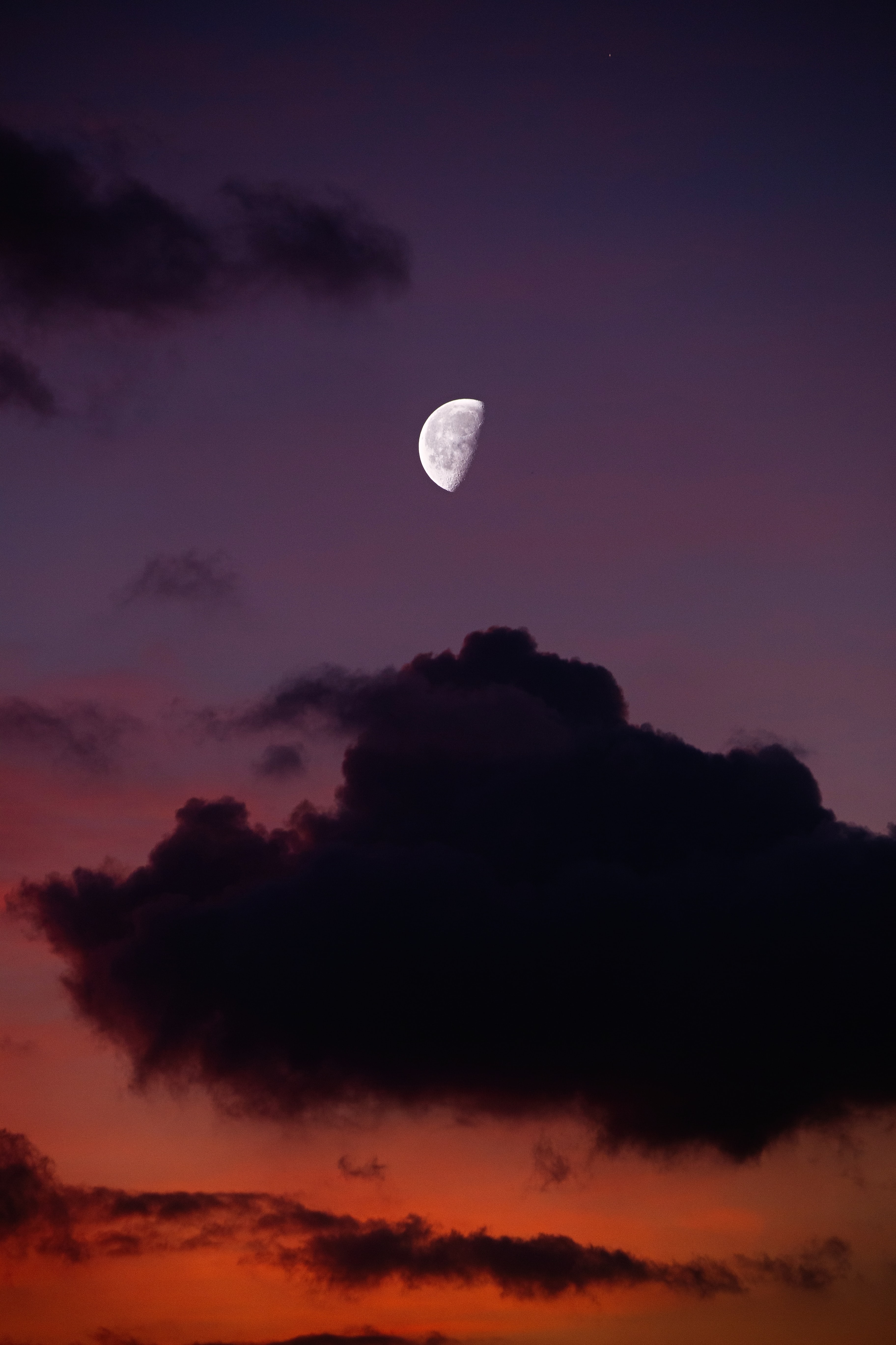 clouds, nature, sunset, sky, moon, full moon