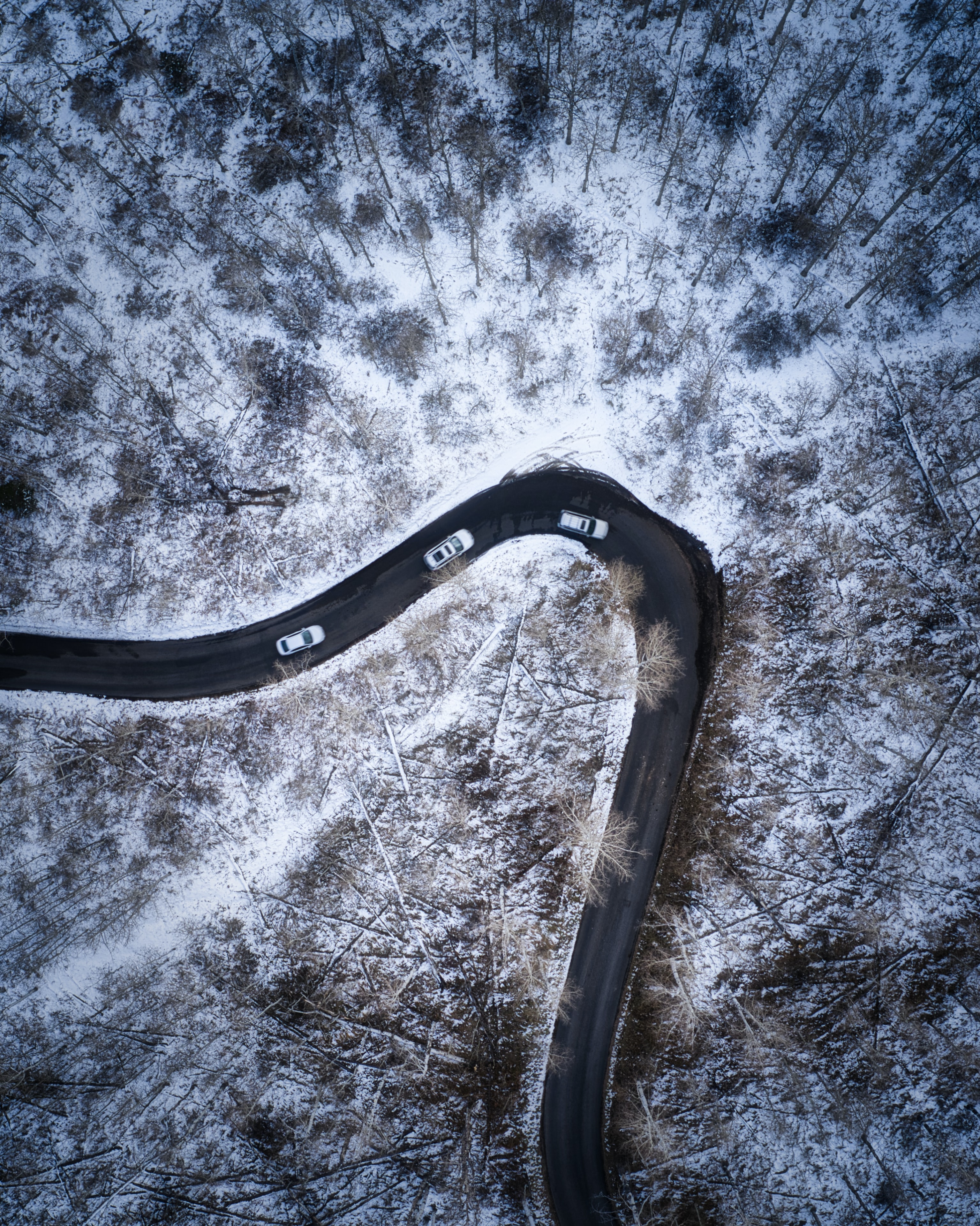Download mobile wallpaper Road, Snow Covered, Snowbound, Nature, Snow, View From Above, Auto for free.