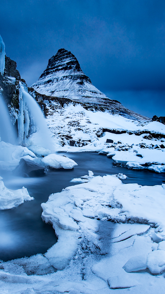 Download mobile wallpaper Winter, Snow, Mountain, Waterfall, Earth, Frozen for free.