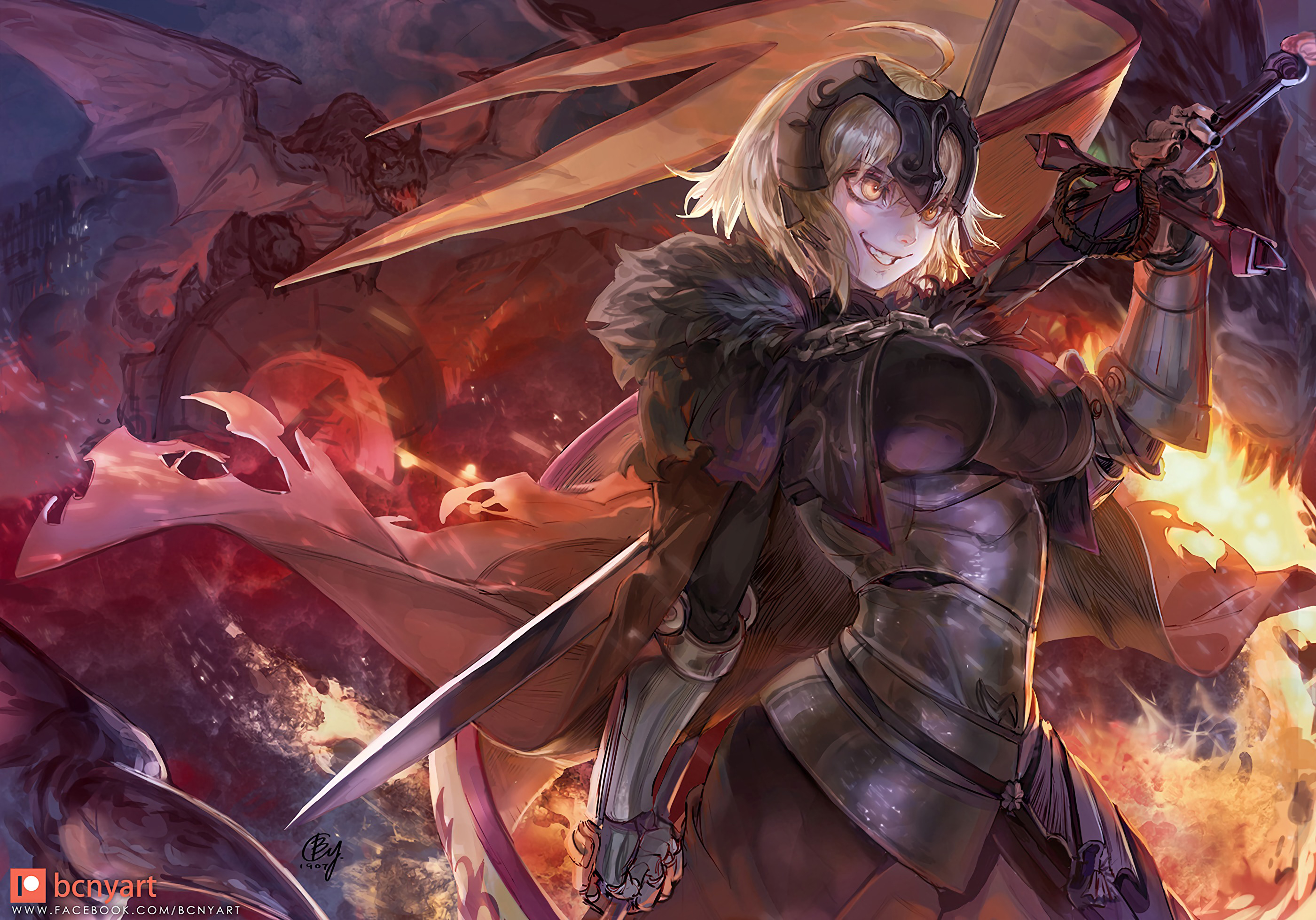 Free download wallpaper Anime, Fire, Dragon, Blonde, Yellow Eyes, Sword, Short Hair, Woman Warrior, Fate/grand Order, Jeanne D'arc Alter, Avenger (Fate/grand Order), Fate Series on your PC desktop