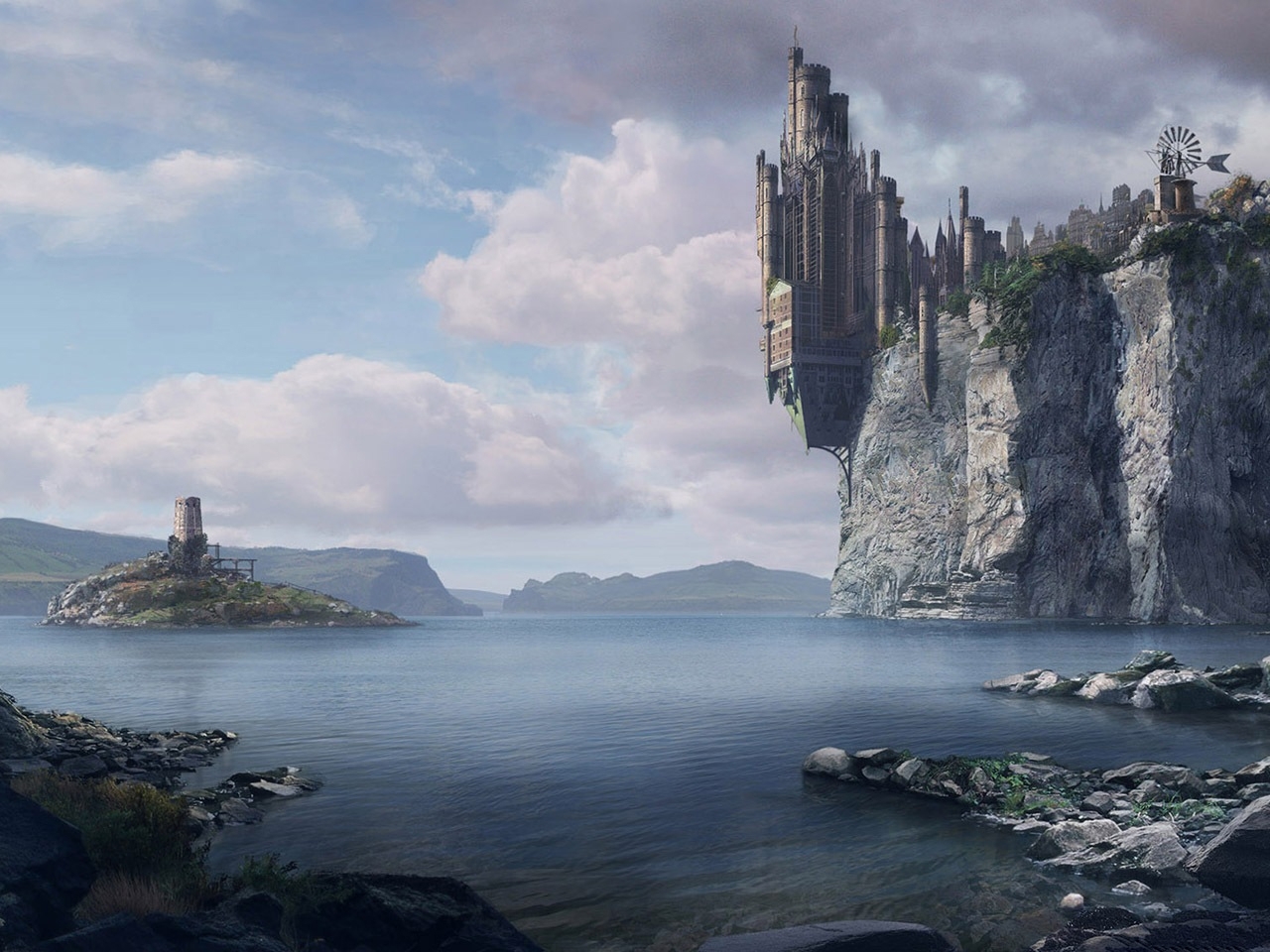 castles, landscape, fantasy, mountains, sea, blue HD wallpaper