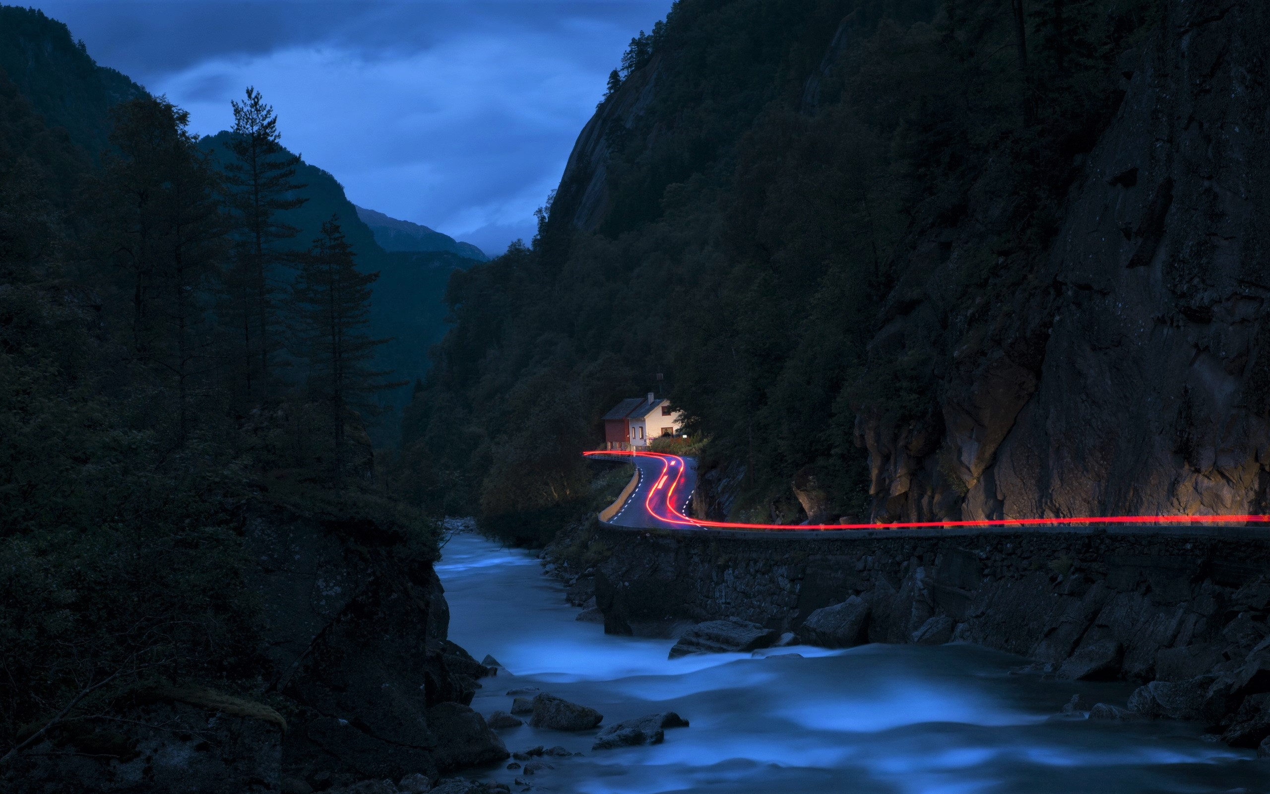 Download mobile wallpaper Night, Mountain, Road, House, River, Man Made, Time Lapse for free.
